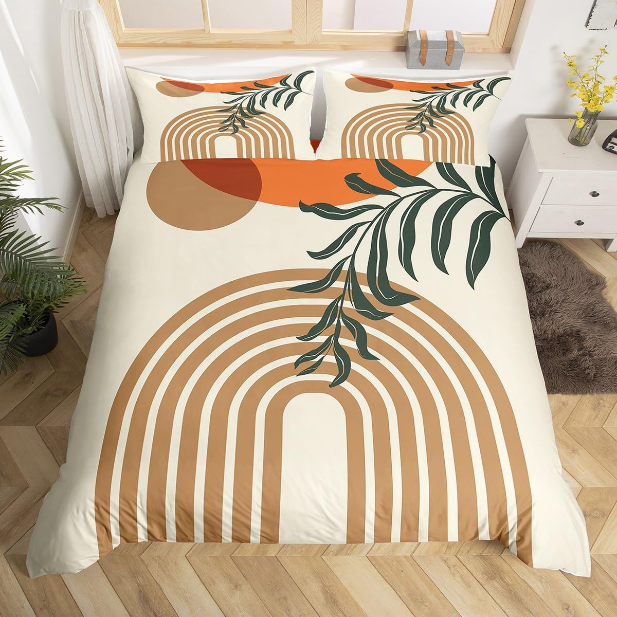 jejeloiu Boho Bedding Set for Kids Boys Girls Leaf Bohemian Comforter Cover Set King Size Sunrise Rainbow Line Duvet Cover Room Decorations Abstract Bedspread Cover Bedding Collection 3Pcs