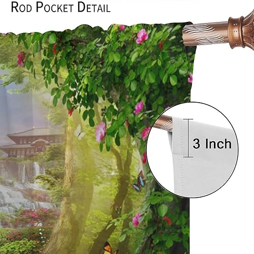Miniatura 6 de Cortinas de bosque verde encantado de fantasía, bosque con flores rosadas, mariposas, camino a cascada, opacas con bolsillo para barra, cortinas