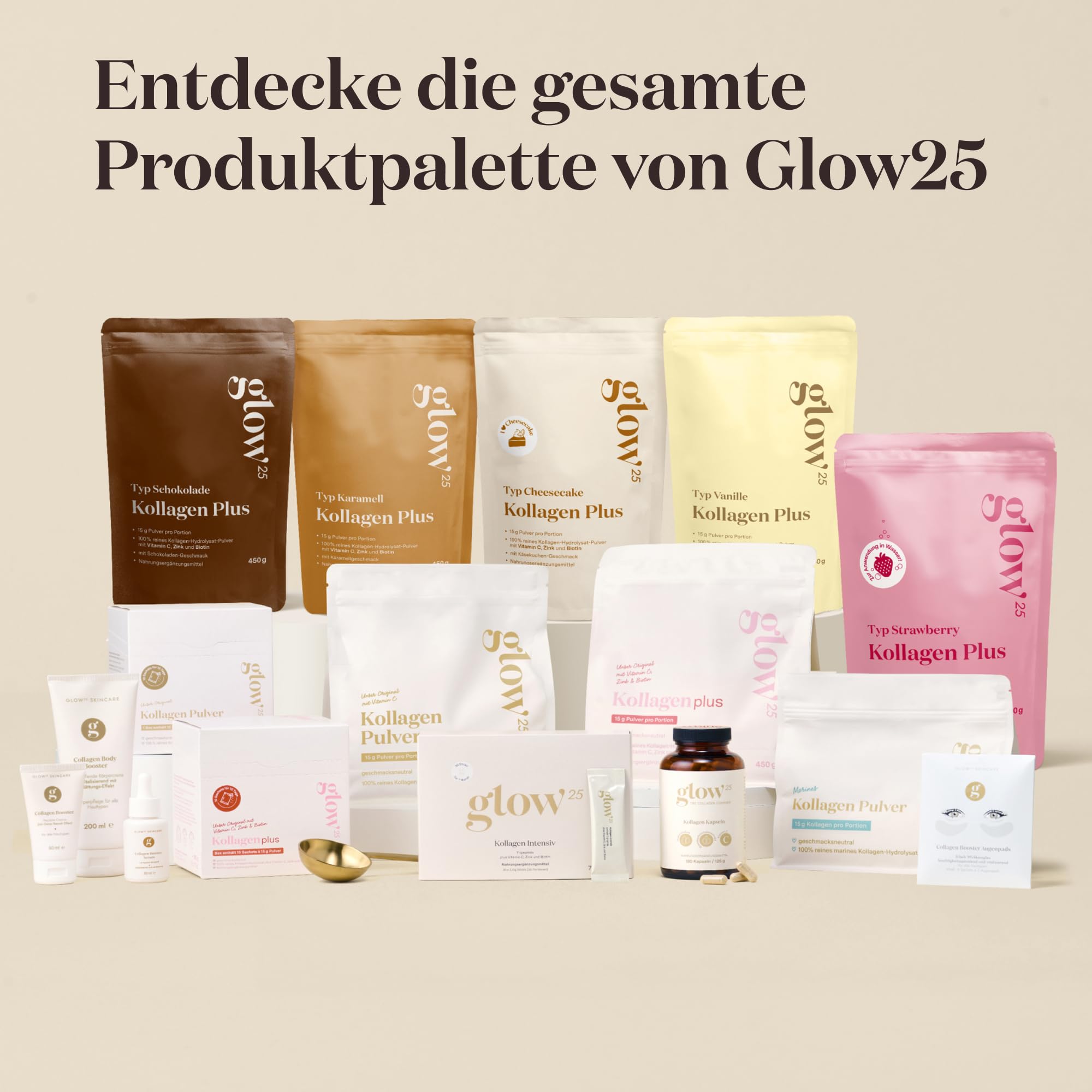 Glow25® Collagen Plus Typ Strawberry [3x450g] – Kollagen Hydrolysat mit Vitamin C, Zink und Biotin – Peptide Typ 1 und 3 – Speziell für Wasser entwickelt – Mit Erdbeer-Geschmack