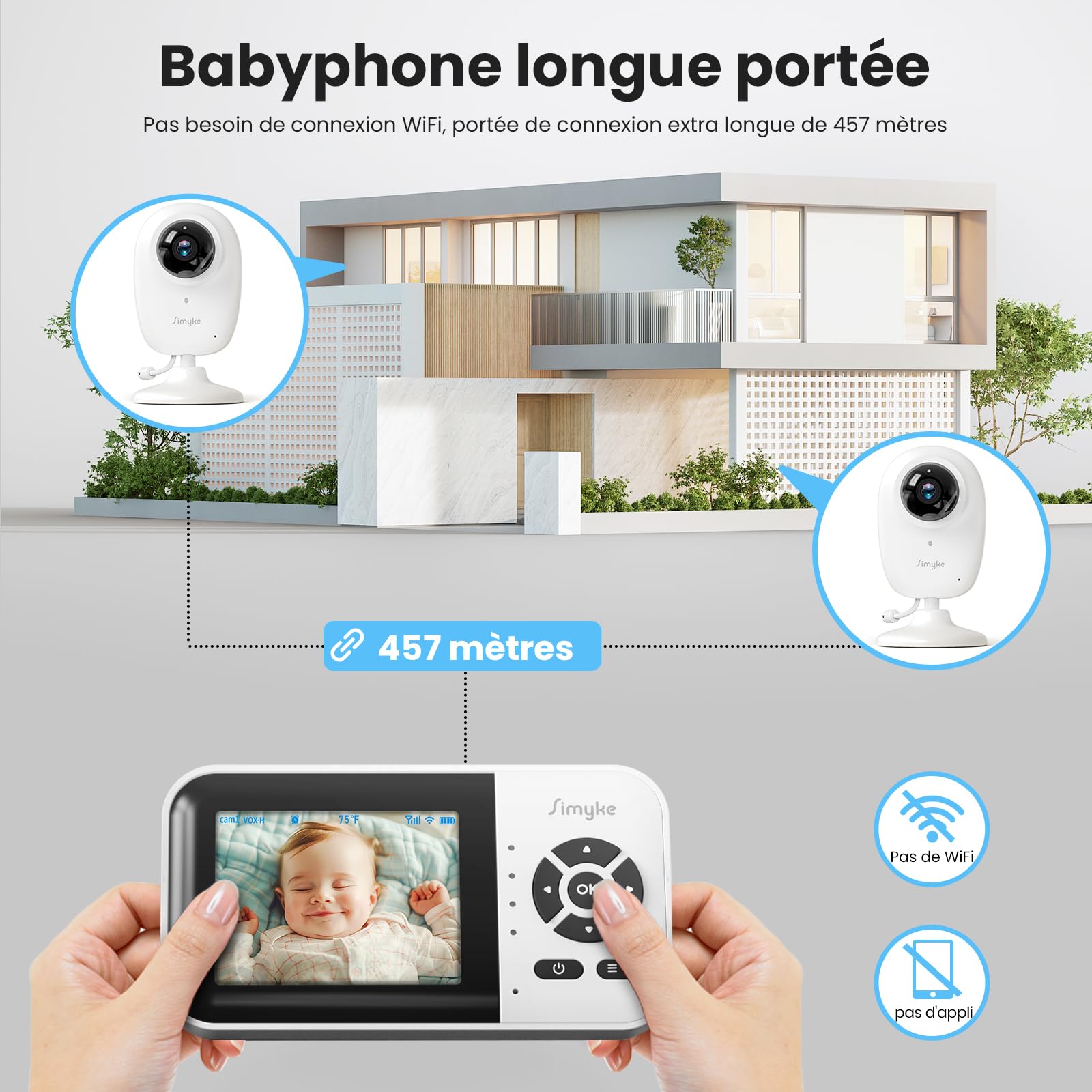 Simyke Moniteur Intelligent pour bébé, 2 caméras 1080p, Interrupteur Wi-FI Marche/arrêt, écran de 2,8" ou accès à Distance WiFi, Vision Nocturne, Longue portée de 450 m, Conversation bidirectionnelle