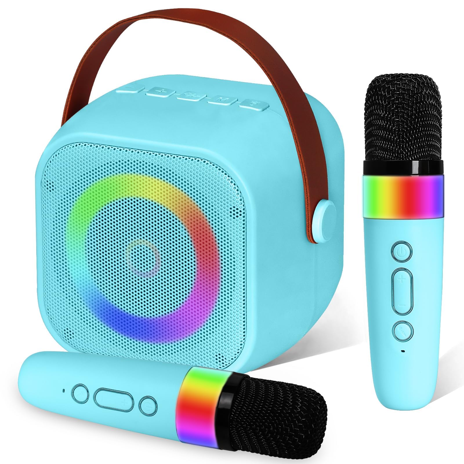 Karaoke Niños con 2 Microfonos Inalambricos, Portátil Microfono Niños Karaoke Bluetooth para Niños, Karaoke Infantil con Efectos de Cambio de Voz y Luces LED, para Fiestas (Azul-2)