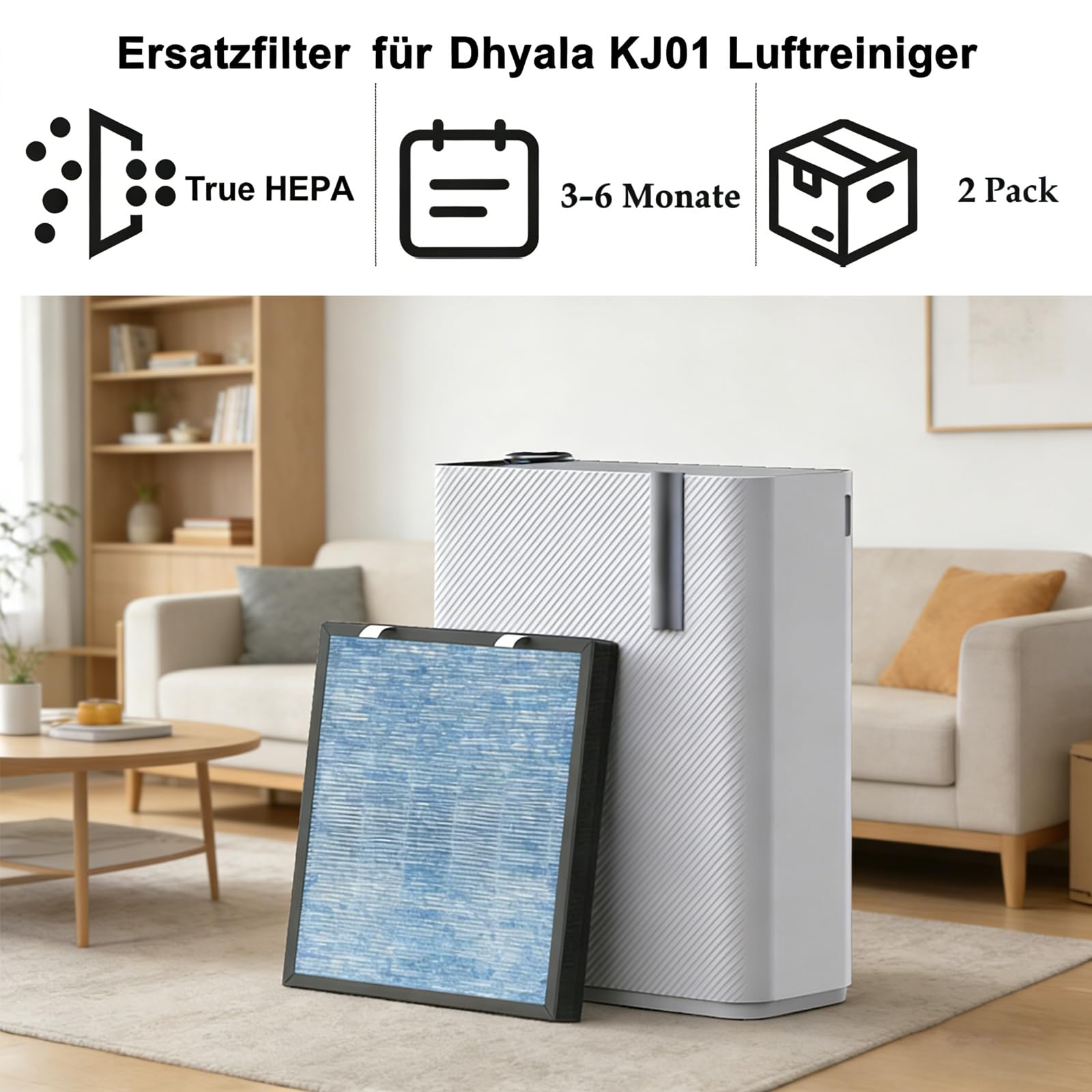 KJ01 filtr zamienny do oczyszczacza powietrza Dhyala KJ01 – 2 sztuki H13 filtr HEPA z węglem aktywnym | trwały 3-6 miesięcy | na pyłki, sierść zwierząt, zapachy i alergeny