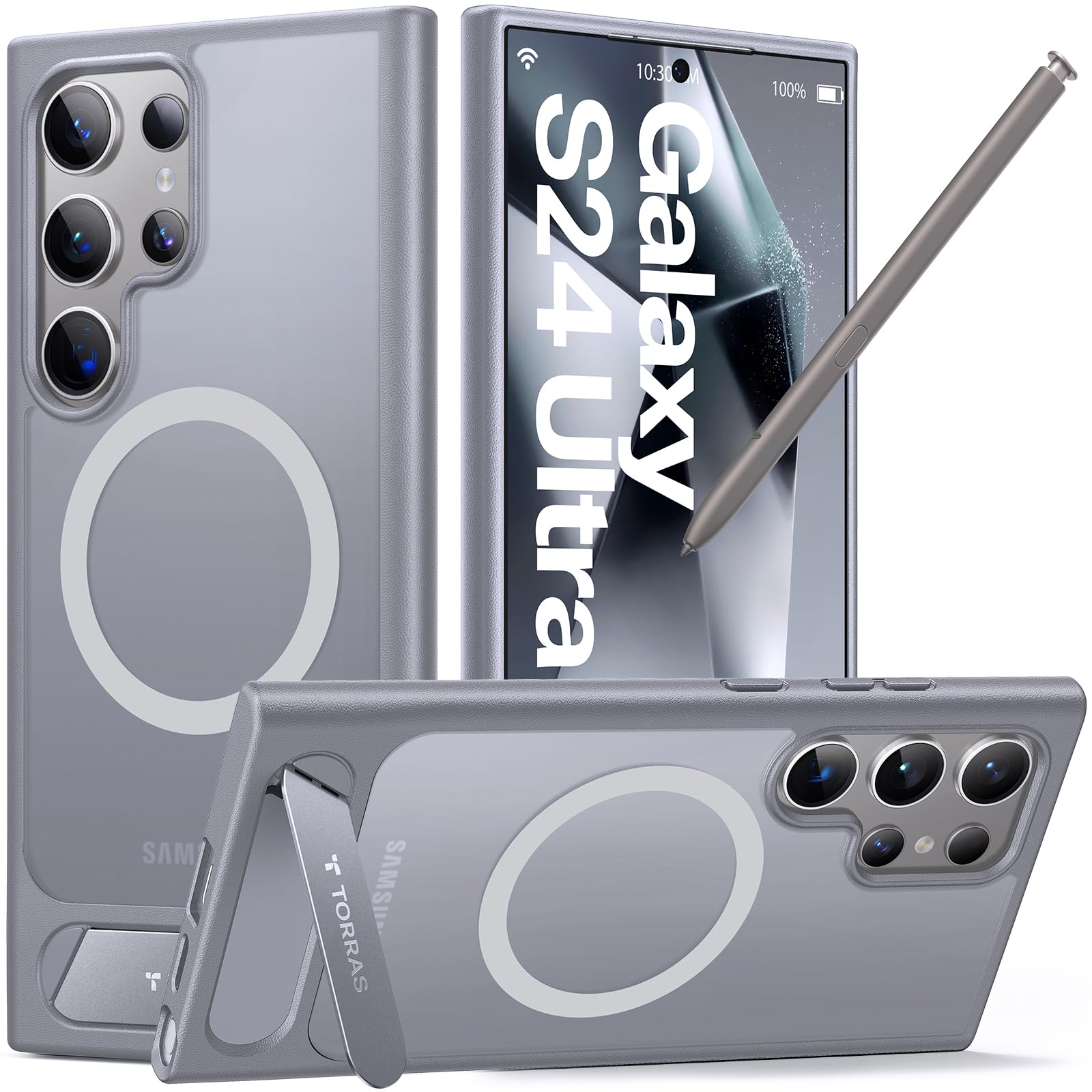 TORRAS Strong Magnetic & Seamless Stand for Samsung Galaxy S24 Ultra Case for MagSafe, 12FT Mil-Grade Drop Protection, Adjustable Kickstand for Samsung Galaxy S24 Ultra Case, Slim Frosted Matte Gray