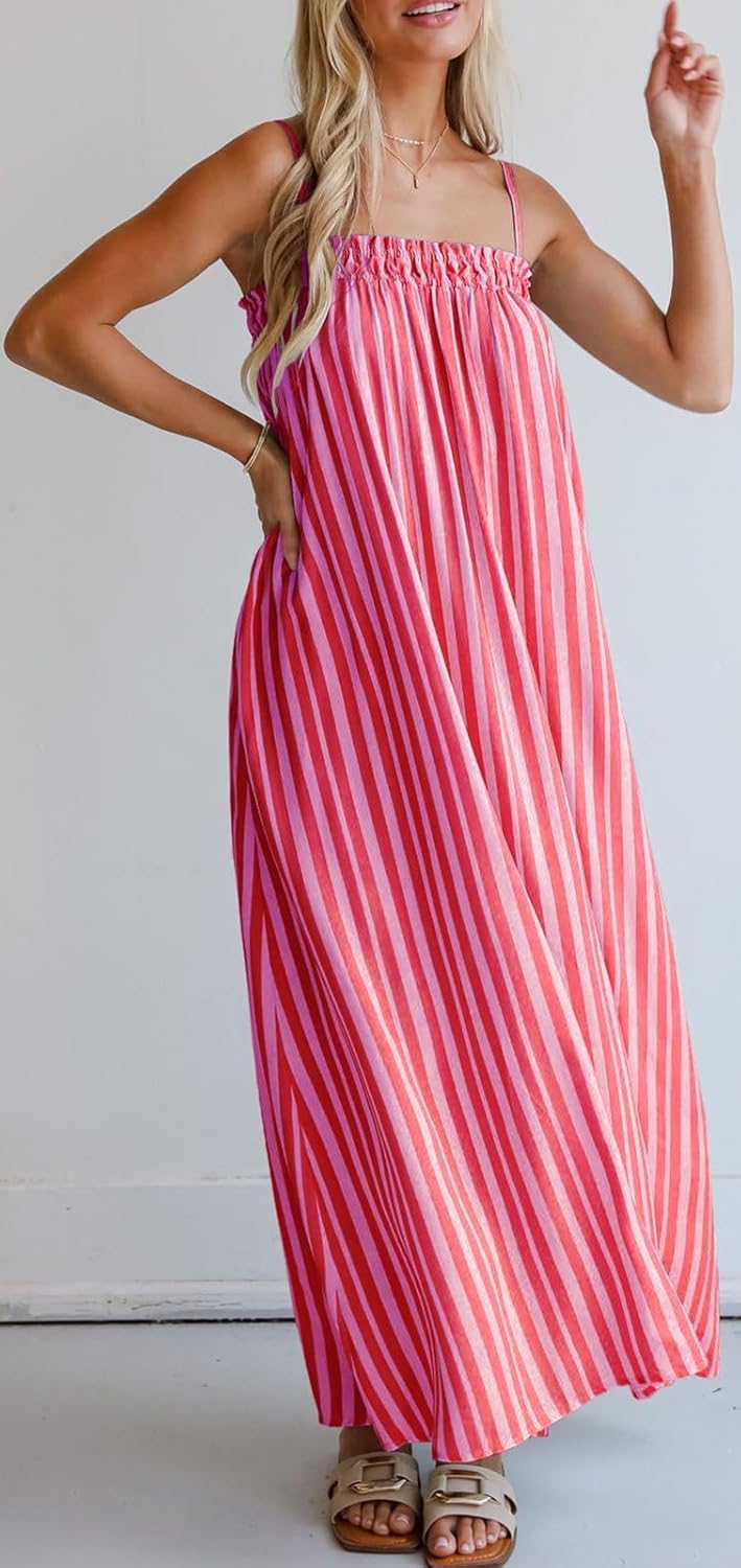 レディース ストライプ マキシドレス ノースリーブ スクエアネック ビーチ ロングドレス スパゲッティストラップ カジュアル バギー