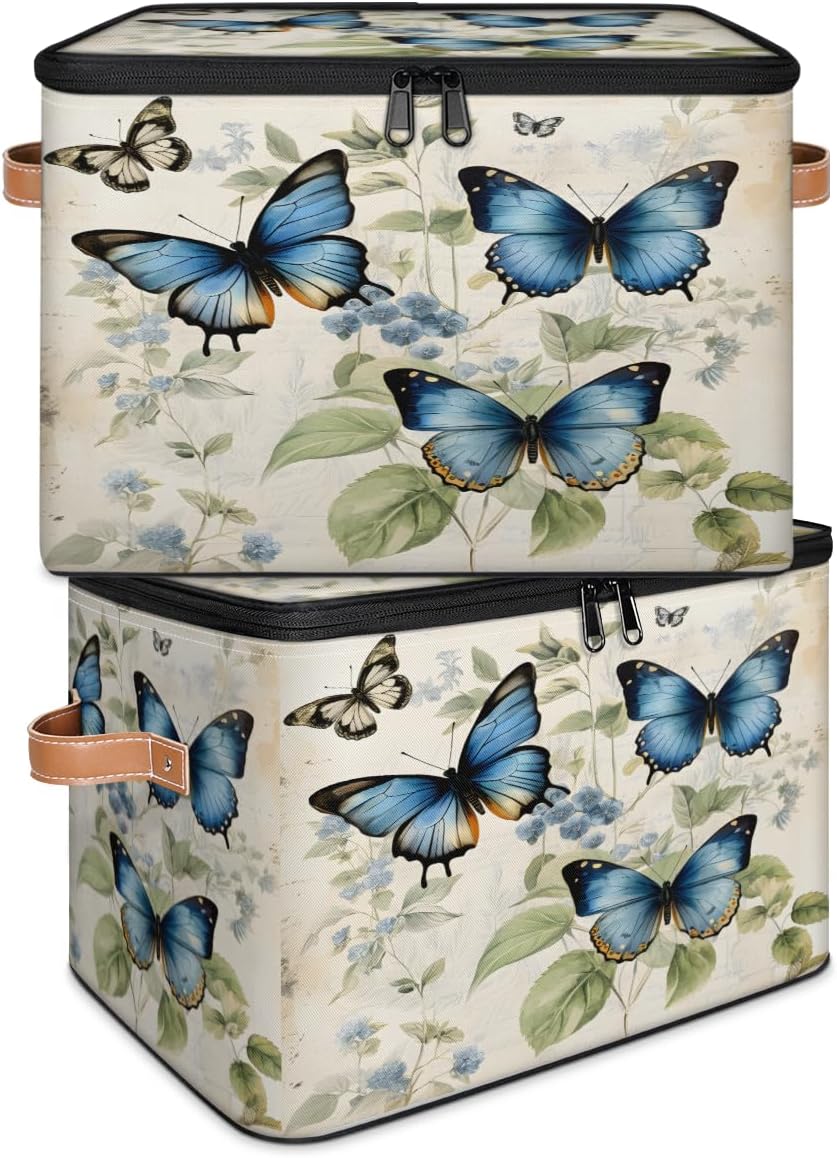 Storage Bin Set of 2 Butterflies Storage Basket with Zipper Lid & Handle Foldable Closet Shelf 2 Pack Cloth Organizer Basket Cube Bins Clothes Organizer for Bedroom, Nursery