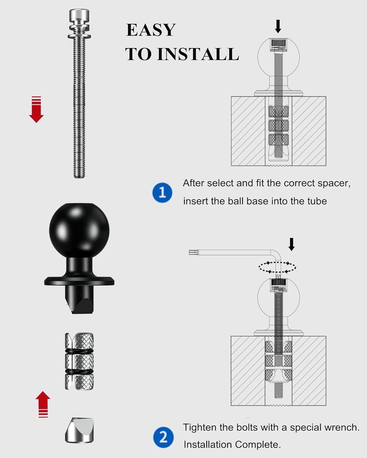 BRCOVAN Metal Motorcycle Fork Stem Mount Base with 1'' TPU Ball | for Stem Holes 12mm to 25.4mm in Diameter, Compatible with RAM Mounts B Size 1 Inch Ball Double Socket Arm