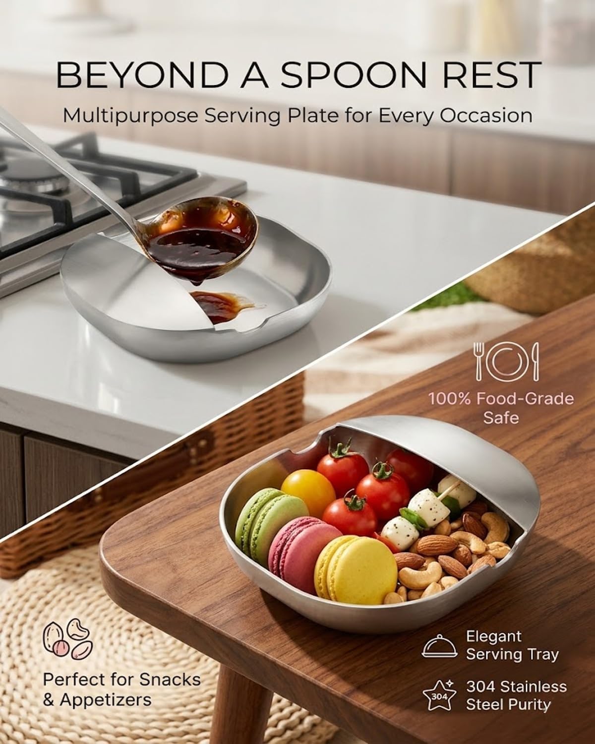 304 Stainless Steel Spoon Rest & Multipurpose Kitchen Utensil Holder, 2026 New Thickened Large Rests Ladle Spatula Holders Countertop for Stove Top, Dining Table, Dishwasher Safe(2pcs)