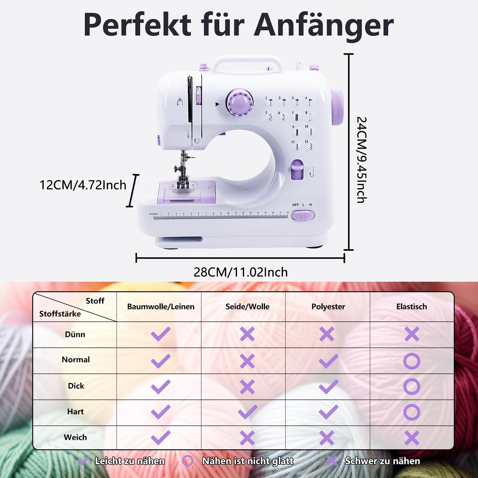 Nähmaschine für Anfänger, 12 Stichprogrammen Kleine Handnähmaschine, Mini Sewing Machine Tragbare Elektrische Nähmaschines mit LED-Licht, Fußpedal & Nähset