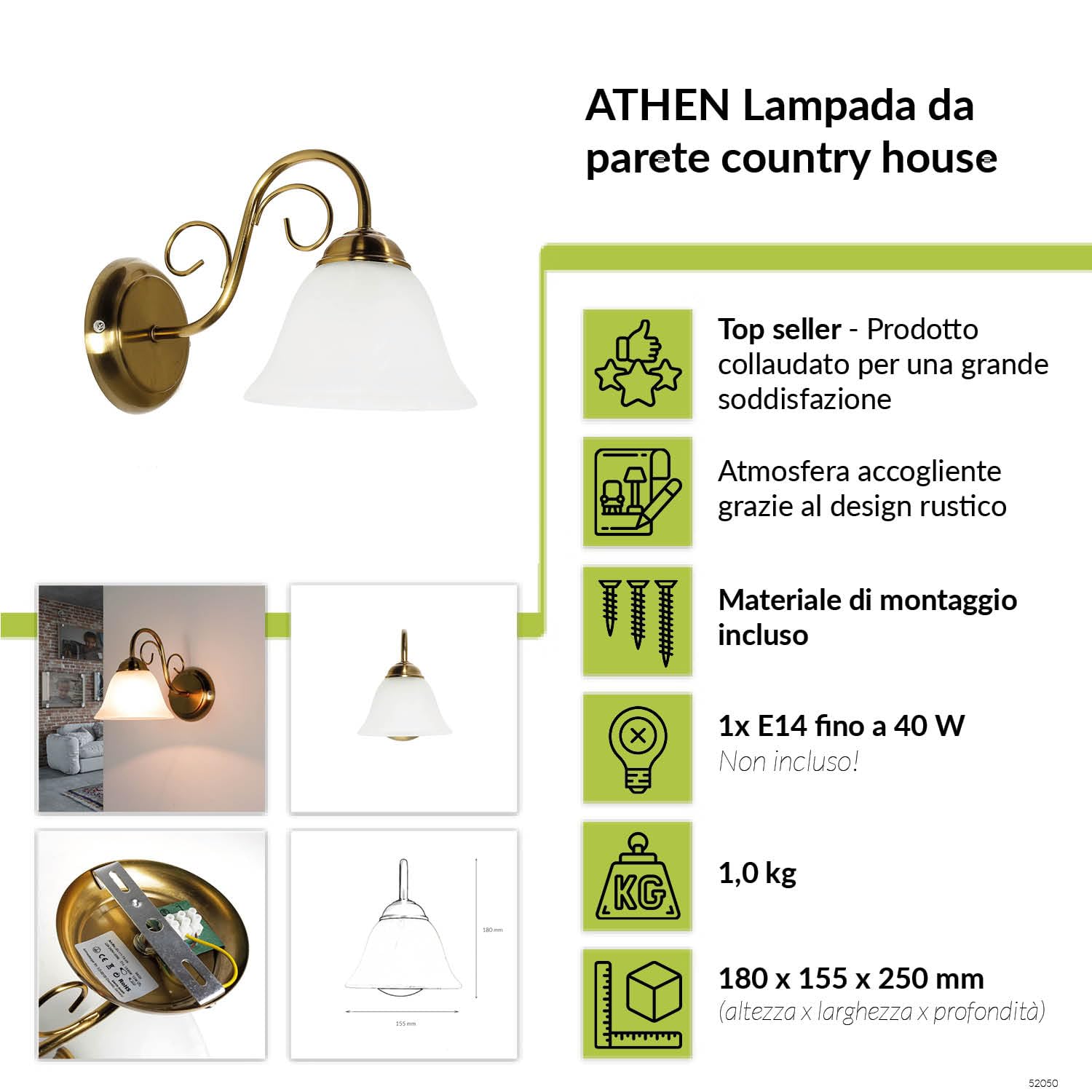 Licht-Erlebnisse Lampada da parete interna Athen a braccio in ottone e vetro alabastro stile rustico retrò E14 ideale per camera da letto, soggiorno e salotto