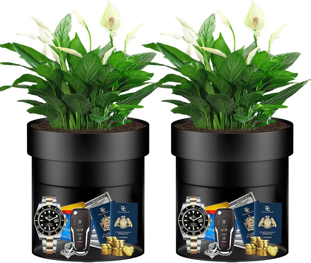 Sdstone 2pack Flower Pot Diversion Safe with Key Lock,Stainless Steel Secret Hidden Safe Lock Box,Disguised safe (Black) Plants Not Include