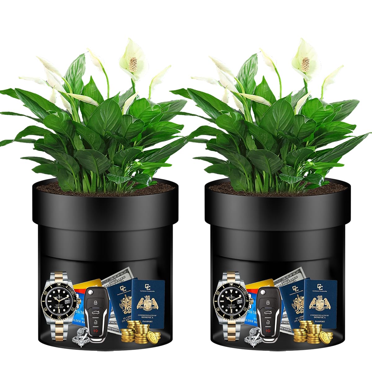 Sdstone 2pack Flower Pot Diversion Safe with Key Lock,Stainless Steel Secret Hidden Safe Lock Box,Disguised safe (Black) Plants Not Include