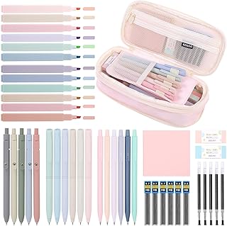 SKYDUE 44 PCS Aesthetic School Supplies with Cute Pencil Case, 12 Pastel Highlighters, 5 Black Gel Pens, 6 Color Gel Pens...