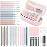 SKYDUE Cute School Supplies 44 PCS, Aesthetic Pencil Case with 12 Pastel Highlighters, 5 Black Gel Pens, 6 Color Gel Pens & Mechanical Pencils, College Essentials Students Stationary Set Pink