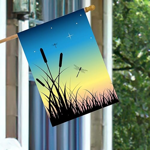 Miniatura 10 de Pickako Bandera de verano y primavera, diseño de libélula, puesta de sol nocturno, sobre el pantano, jardín, patio, 12 x 18 pulgadas, banderas