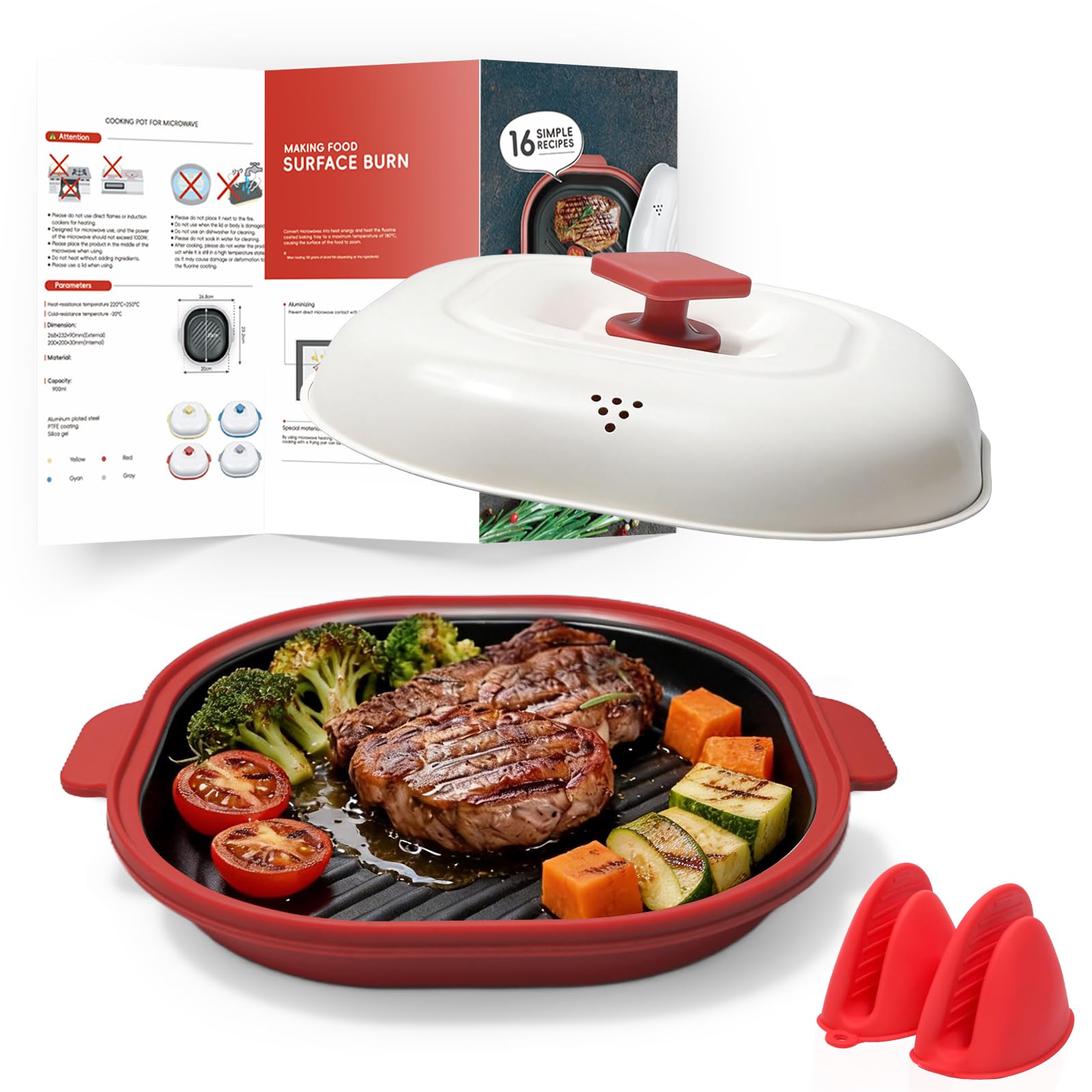 Microwave Grill Pan with Lid,Microwave Pan with Non-Stick Plates, Microwave Bacon Cooker for Grilling,and Roasting, Perfect for Potatoes,Bacon,Steaks,and Chicken,Quick and Easy Cleanup (Red)