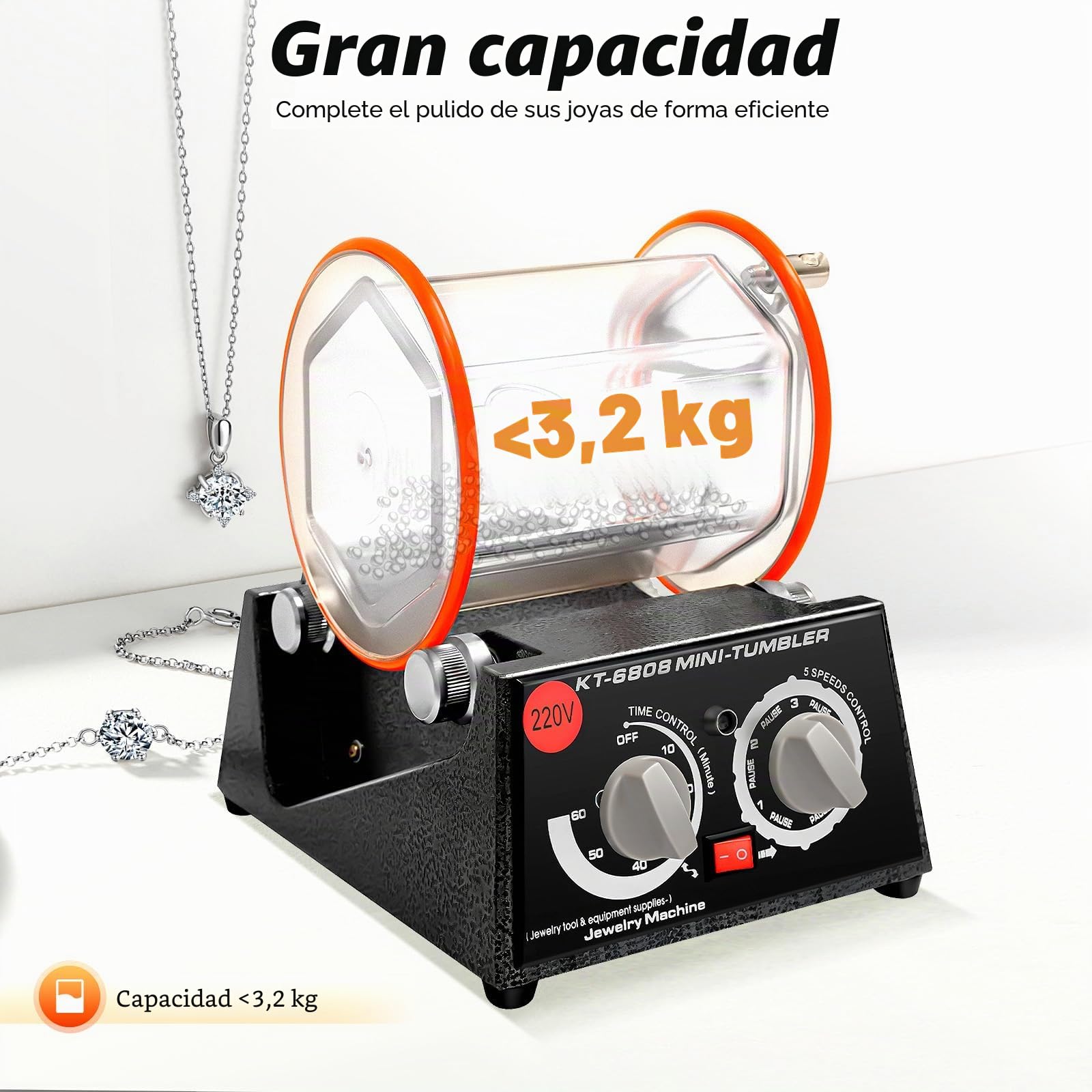 Pulidora de 3 kg 220 V, tambor de pulido, molinillo de bolas con motor de 60 W y temporizador, 5 niveles de regulación de velocidad (500 – 3000 rpm), barril transparente para joyas, monedas, piezas