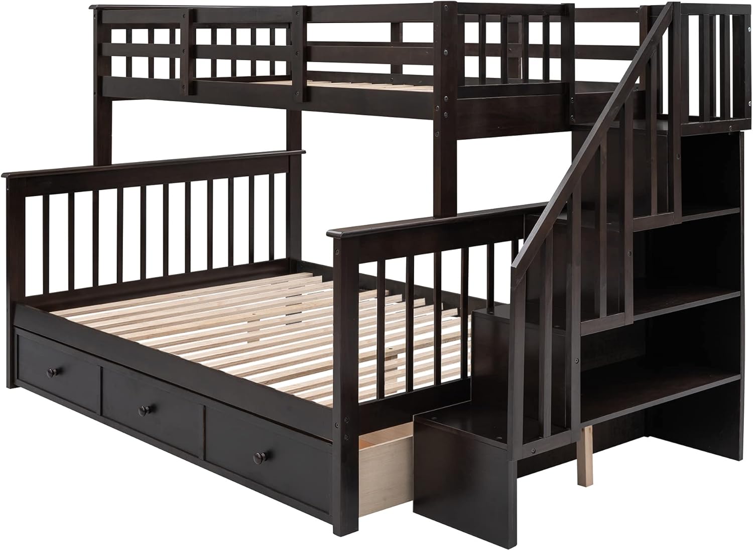 Twin Over Full Bunk Bed Frame With Storage Drawers, Shelves, Guardrails and Stairs for Kids, Teens and Adults - Espresso