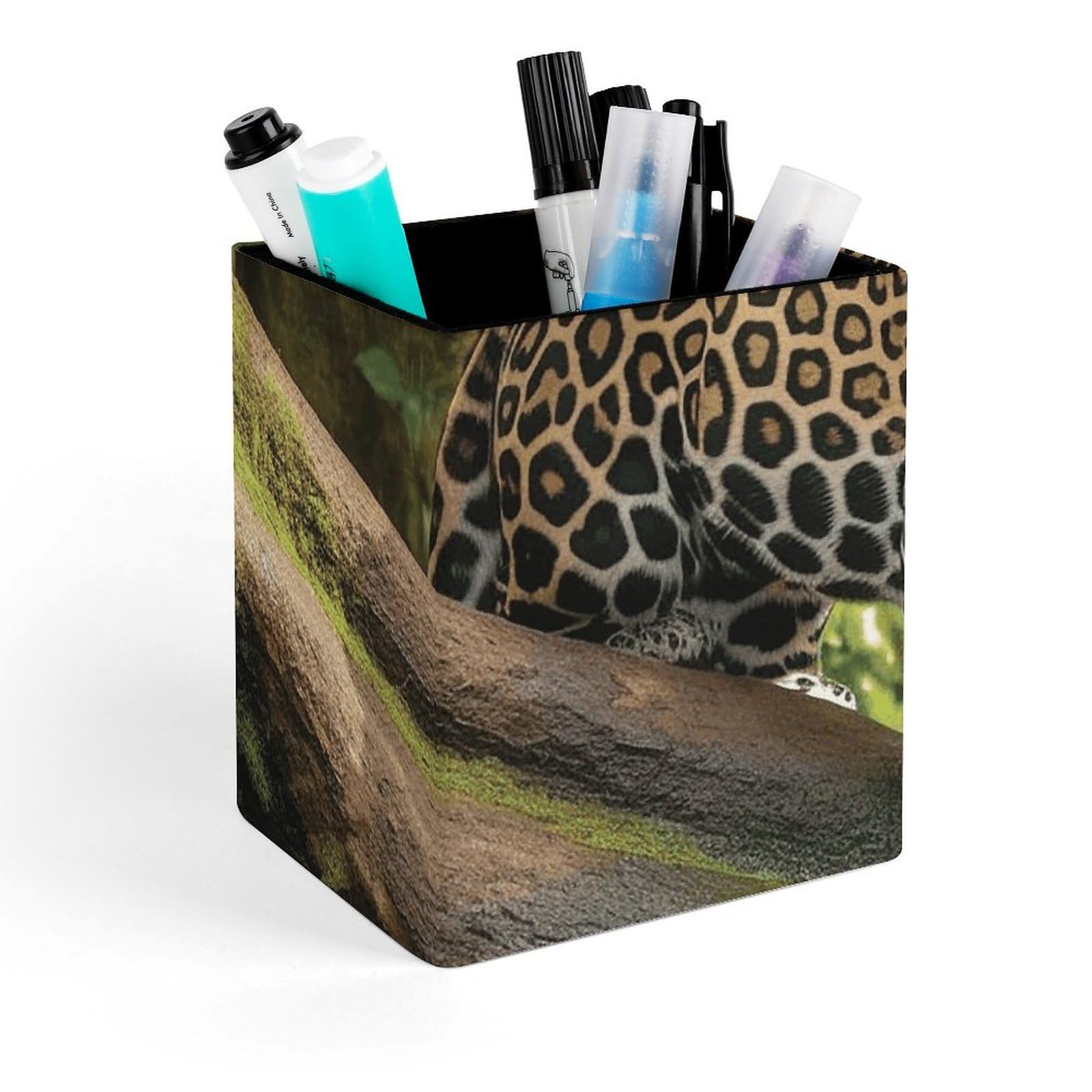 FekiLoot Jaguar Cat on Tree Trunk Waterfall Pencil Holder Square Leather Pen Holder Cup Modern Multi-Functional Pencil Cup Holder Decorative Desk Organizer Caddy Makeup Brush Holders for Desk Office
