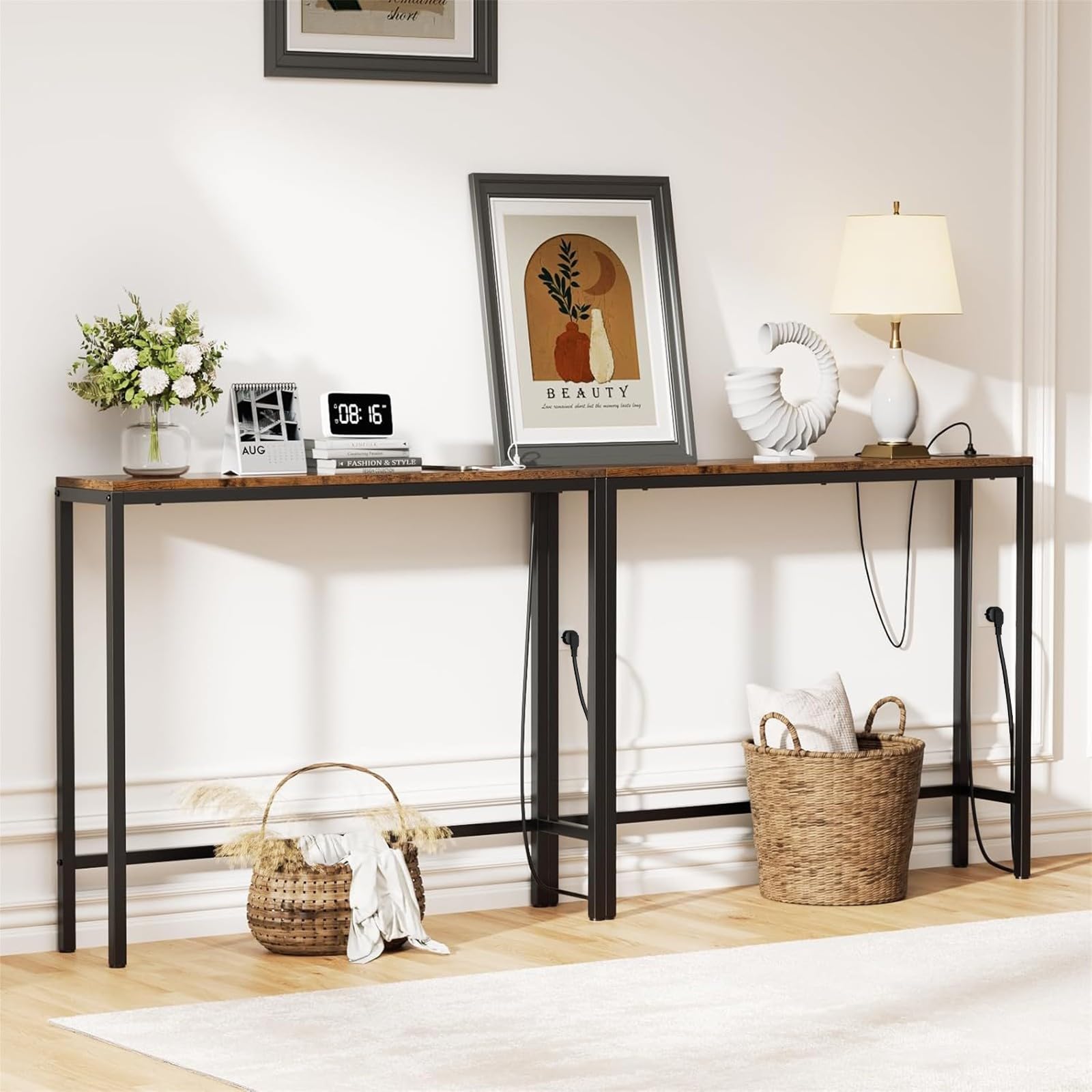 Mesa Consola, Mesa de Entrada con Enchufes Europeos y Puertos USB, Estantería Estrecha para Recibidores, Mesa de Pasillo, Marrón Retro, 2 Piezas