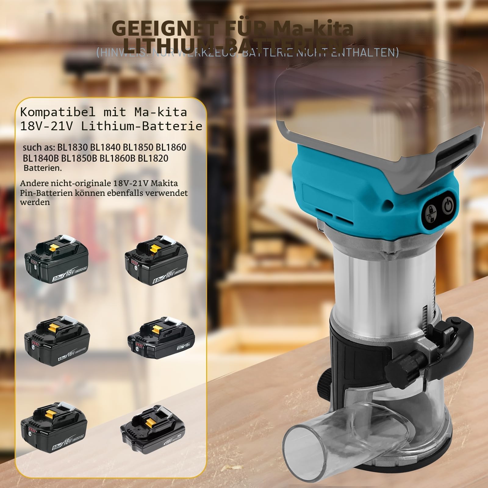 Akku Oberfräse für Makita 18 V, 800 W Bürstenloser Oberfräse Trimmer Einhandfräse Kantenfräser 30.000 U/min Akku-Holzfräser mit 15 Stück 1/4-Zoll-Schaft Fräser Set (ohne Akku)