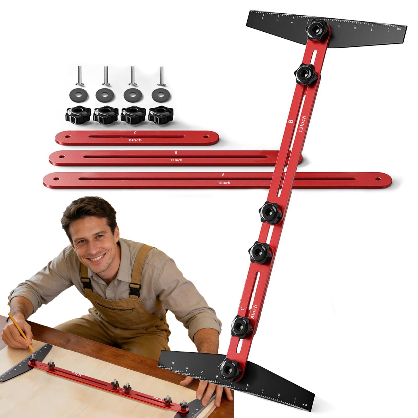 Adjustable Stair Tread Template Tool Set – Aluminum Alloy Stair Measuring Tool, Adjustable 8–72 Inch Track, Precise Layout for Stair Installation, Home Woodworking & DIY Projects (Style-1)
