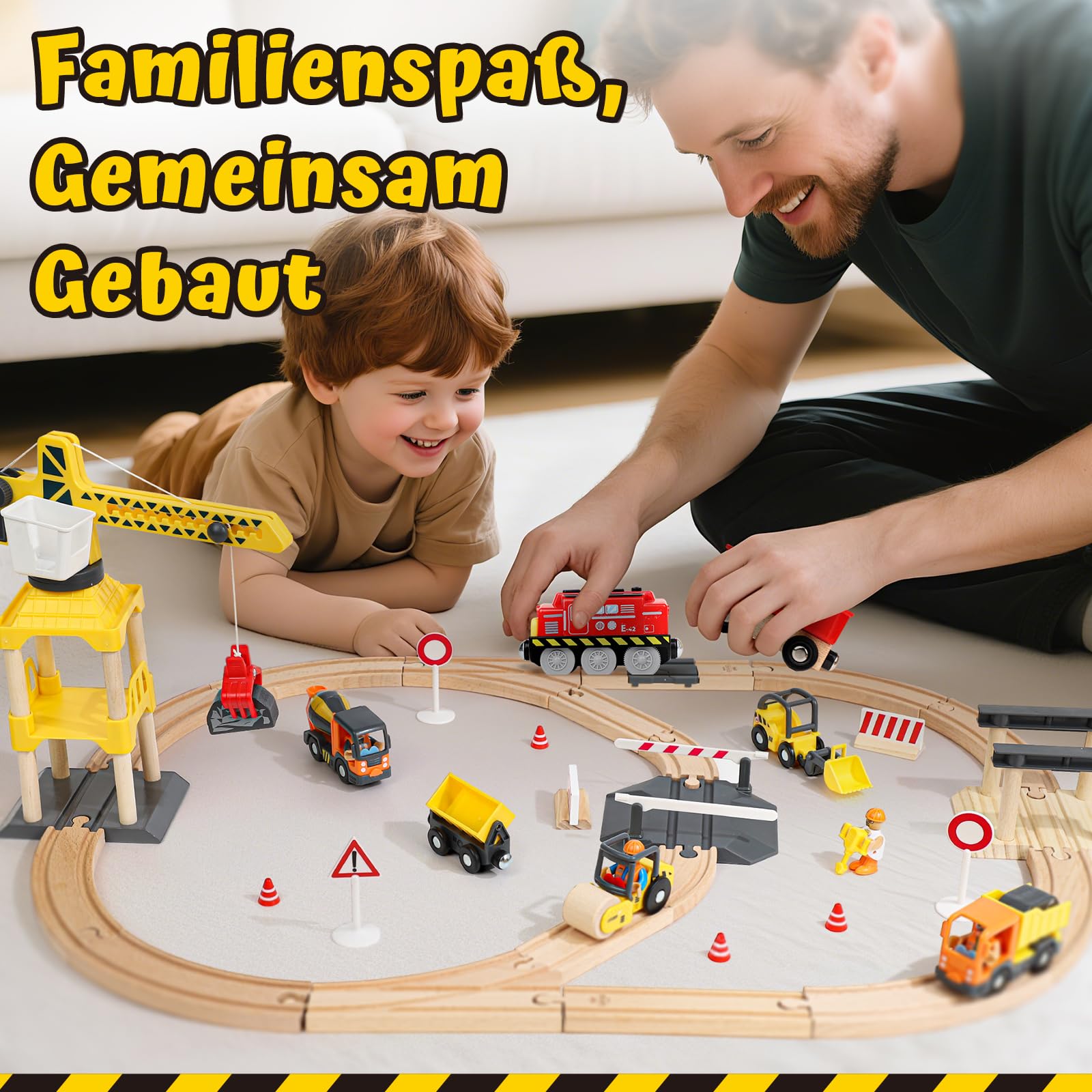 Lehoo Castle Holzeisenbahn, Elektrische Lok und Kran, Kinder ab 3 Jahre | 68 Teile, Elektrischer Zug, 360 Grad Magnetkran, Kompatibel mit Holzschienen, Baustellenfahrzeuge, Geschenk ab 3 Jahre
