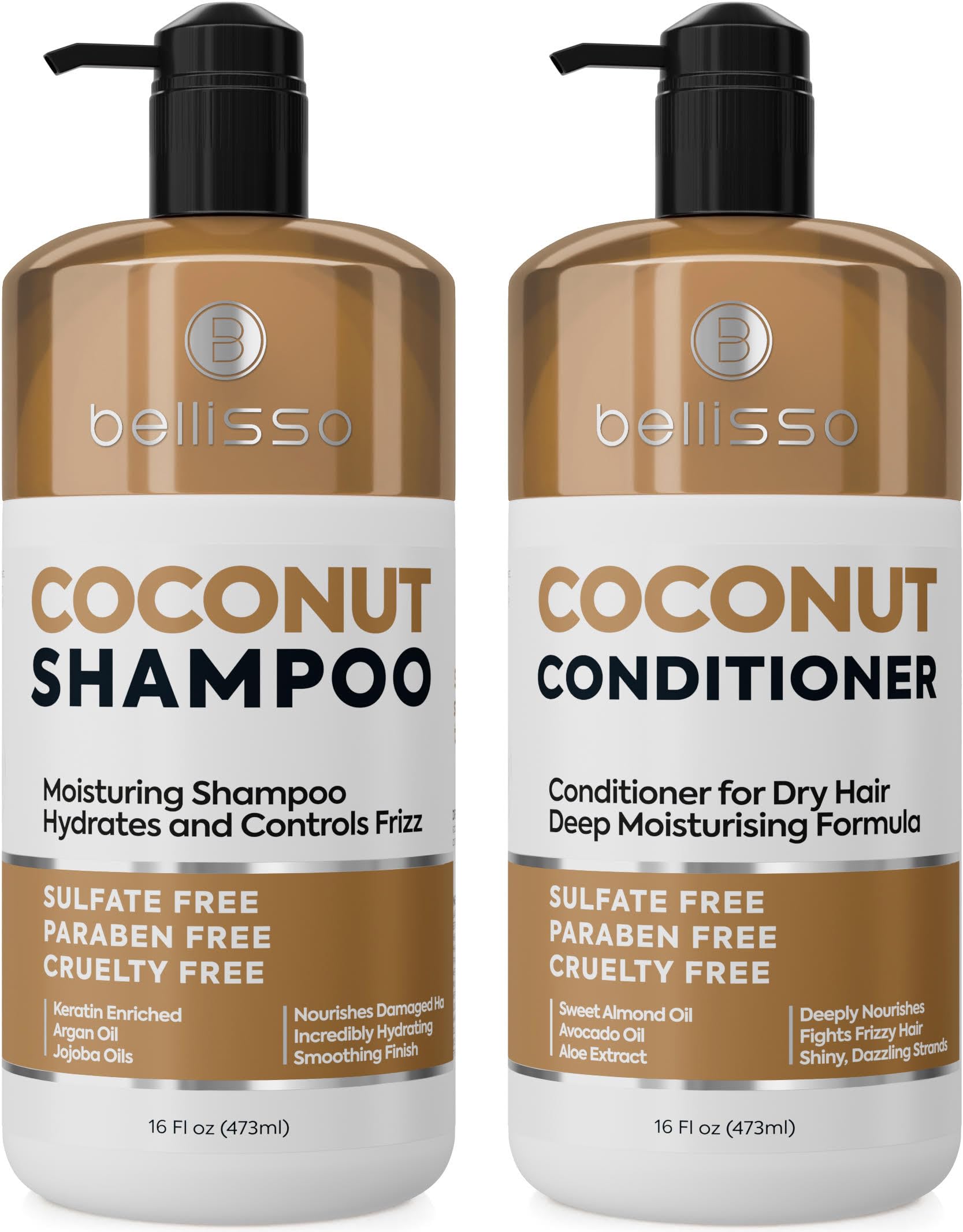 Coconut Shampoo and Conditioner Set - Sulfate Free, Deep Moisturizing, Hydrating, Anti Frizz Formula for Women and Men - Professional Salon Grade - Dry, Damaged Hair Care Products 16 Fl Oz (Set of 2)