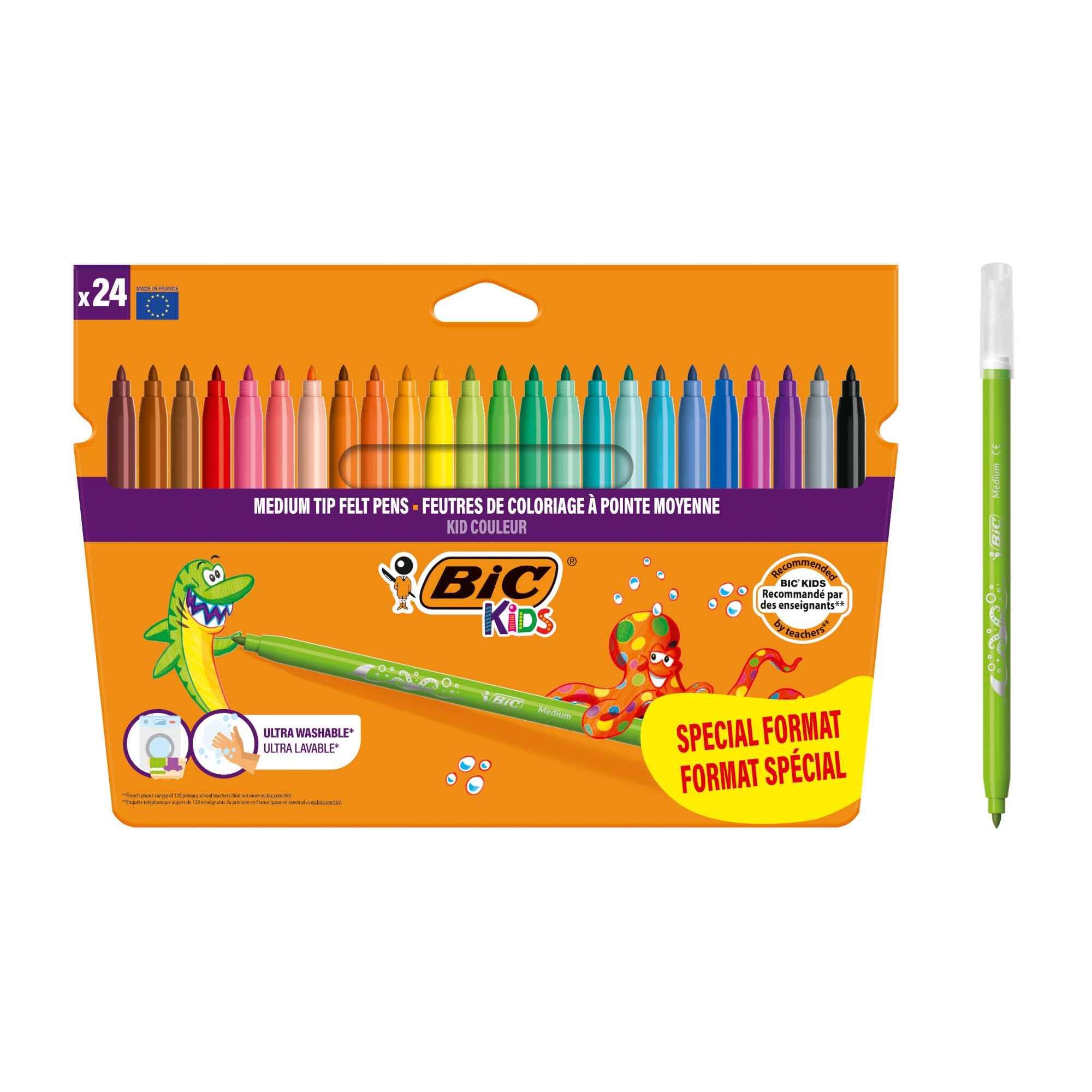 BIC Kids, Kid Couleur, Rotuladores Lavables para Niños,Ideales para Material Escolar, Punta Media Resistente, Colores Brillantes e intensos, Caja de 24 uds