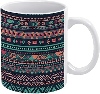 White Ceramic Mug 330ml Capacity Coffee Mug with Thickened Body AntiSlip Base Colorful Aztec PatternComfortable Handle for Home Office Café Dishwasher Safe