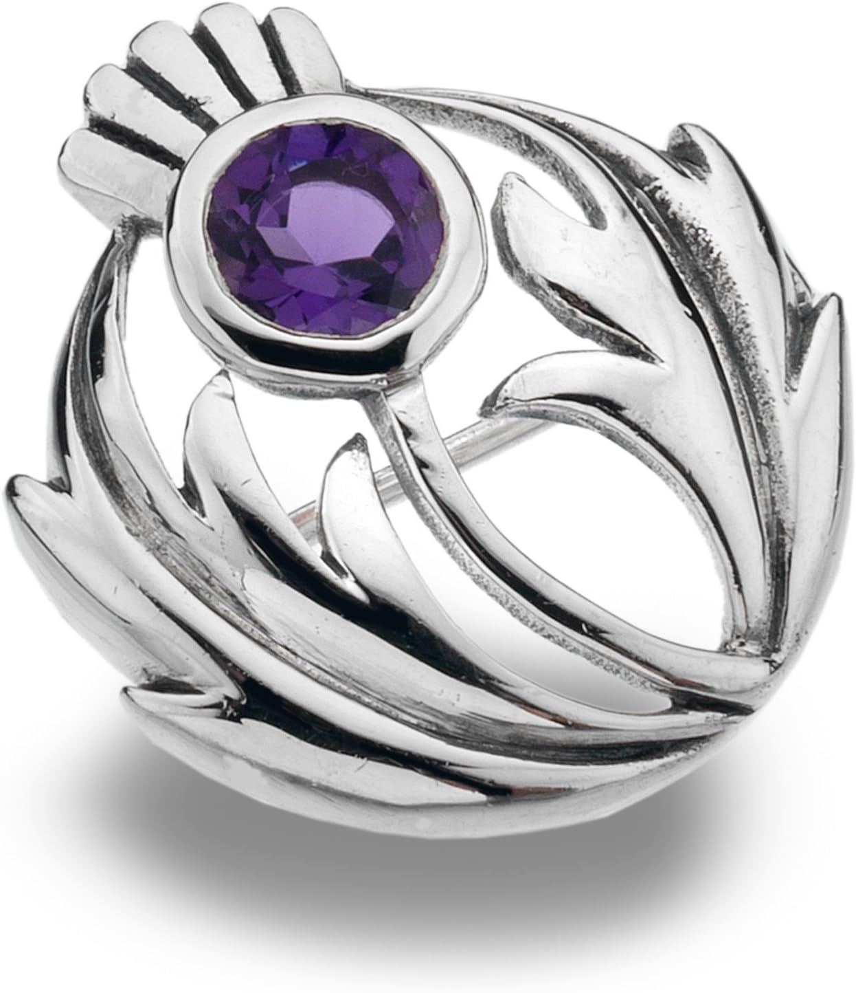 Scottish Thistle Brooch - Sterling Silver & AMETHYST Open Design ROUND Brooch - Thistle Design