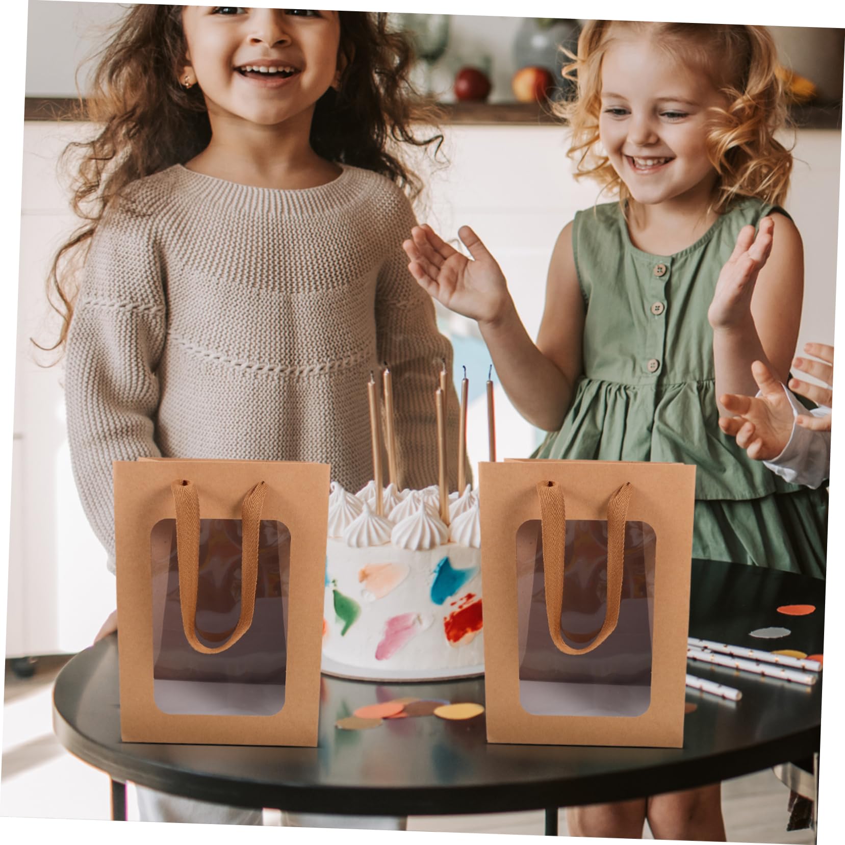 WRITWAA Sacchetti Regalo e Portatili 12 Pezzi con Finestra Trasparente in Carta Kraft e Manici Leggeri per Feste e Confezioni Regalo