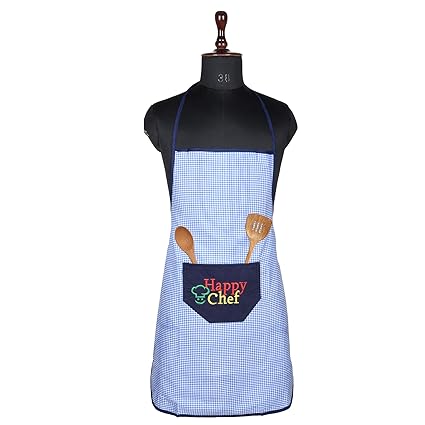 Kuber Industries Kitchen Apron | Kitchen Dress for Women | Apron for Restaurant | Front Pocket | Waterproof Apron | Apron for Chef | Cooking Apron for Men | Barik Check | Blue
