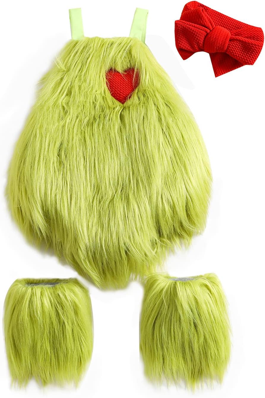 Baby Christmas Costumes Green Monster Baby Girls Fur Romper Headband Headband Leg Warmer Cosplay Christmas Outfit