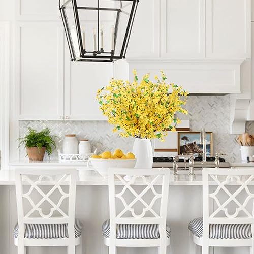 Miniatura 6 de AILANDA 16 flores artificiales de seda amarilla, ramas de Forsythia falsas, jazmín de invierno, tallo largo, orquídeas artificiales, tallos de