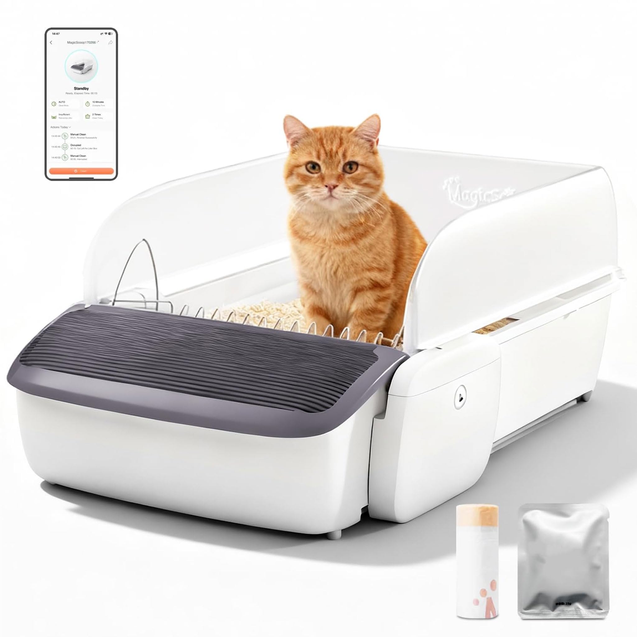 Automatic Cat Litter Box Self-Cleaning for Multiple Cats, Extra Large with App Control/Splash Guard/Safety Anti-Pinching Design/Odor Control Open-top Litter Box with Waste Bag