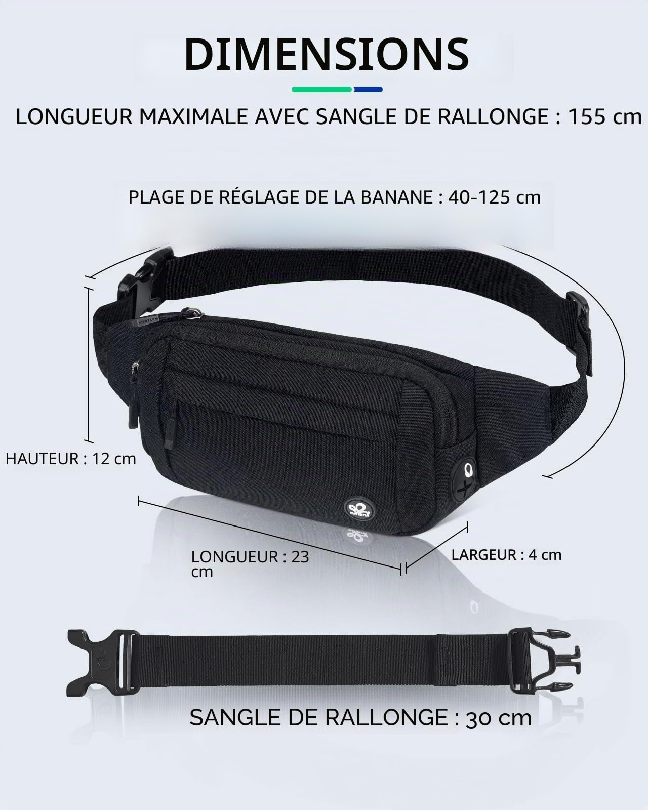 Waterfly Sac Banane Homme Femme: Étanche Unisexe Petite Sacoche Banane de Sport Ceinture allongée pour Randonnée Cyclisme Balade Ville Vacances Noir Foncé