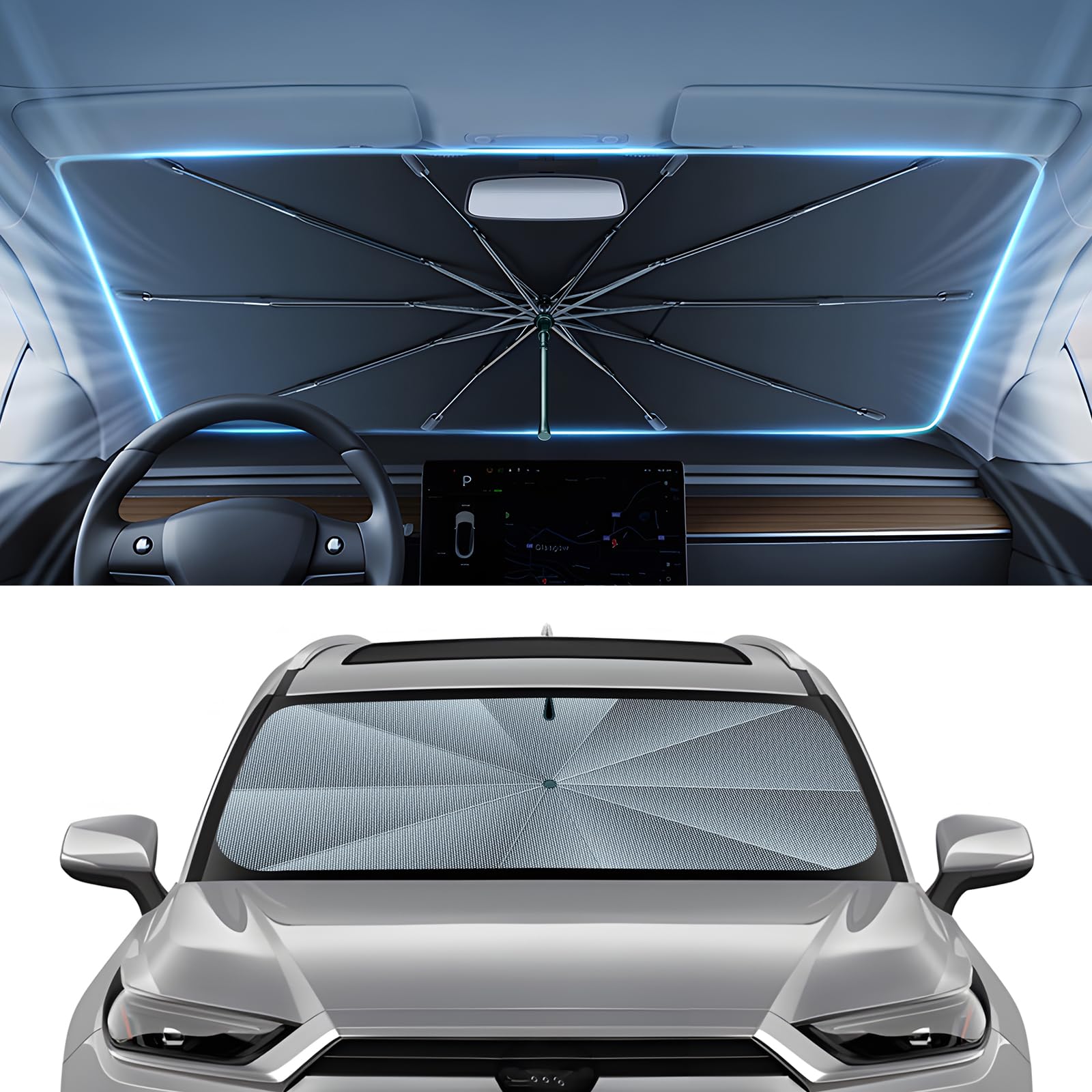 Autorder Windshield Sun Shade Umbrella for 2020-2026 Toyota Highlander Accessories,Upgraded Ice Crystal Material,Easy Setup Umbrella Sunshade for Car Windshield,100% Sun Blocking