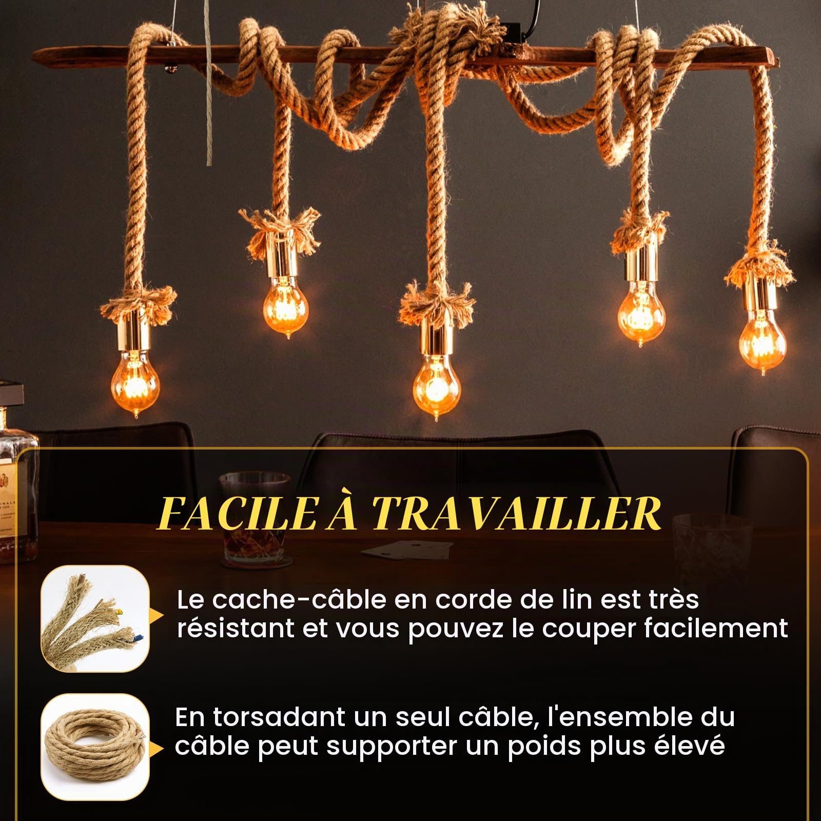 Corde Electrique 3 Noyaux,20 M Fil électrique Tissu Cable Electrique Corde 3 x 0,75mm²Rétro Corde de chanvre tressé torsadée Câble pour Accessoires de Lampe à Suspendre