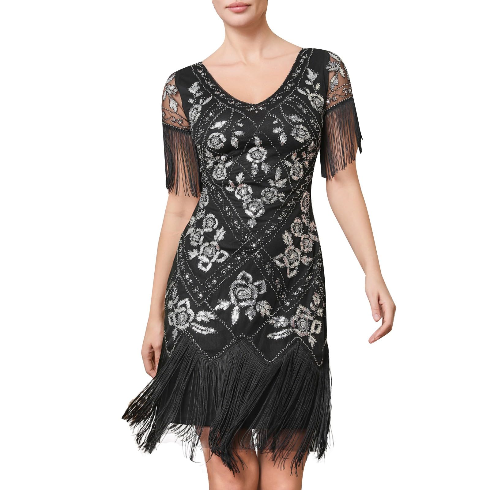 Generico Vestiti Eleganti Donna - Elegante Abito da Sera Formale con Colletto Paillettes Scintillanti Frange Senza Spalline Abito da Cocktail per Banchetti E Celebrazioni