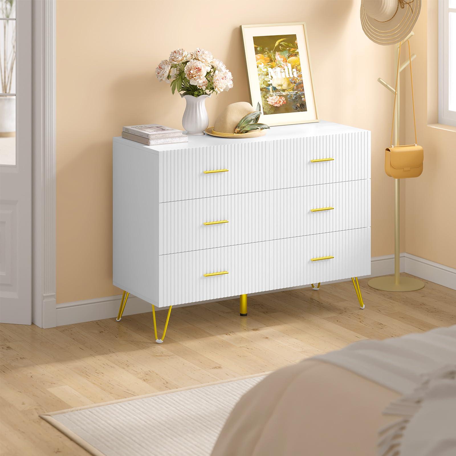 WOLTU Cómoda Blanca de 6 Cajones | Con Patas Doradas, para Dormitorio y Salón, 100x40x75 cm