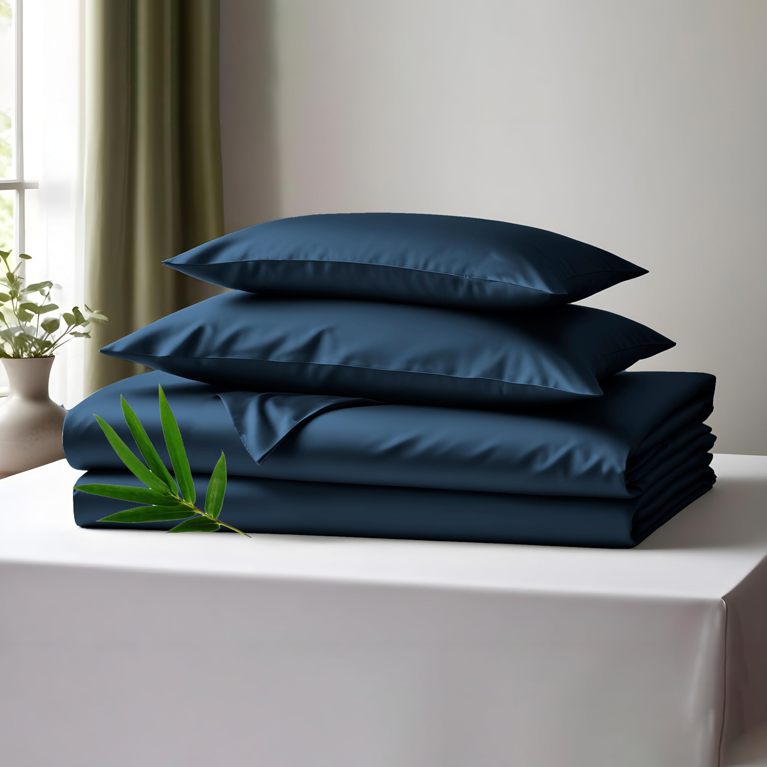 Premium Bamboo Sheets Set 4 PC 100% Organic Soft Luxury Breathable Bedding Set with Fitted Sheet, Flat Sheet & Pillowcase (Double, Navy Blue)
