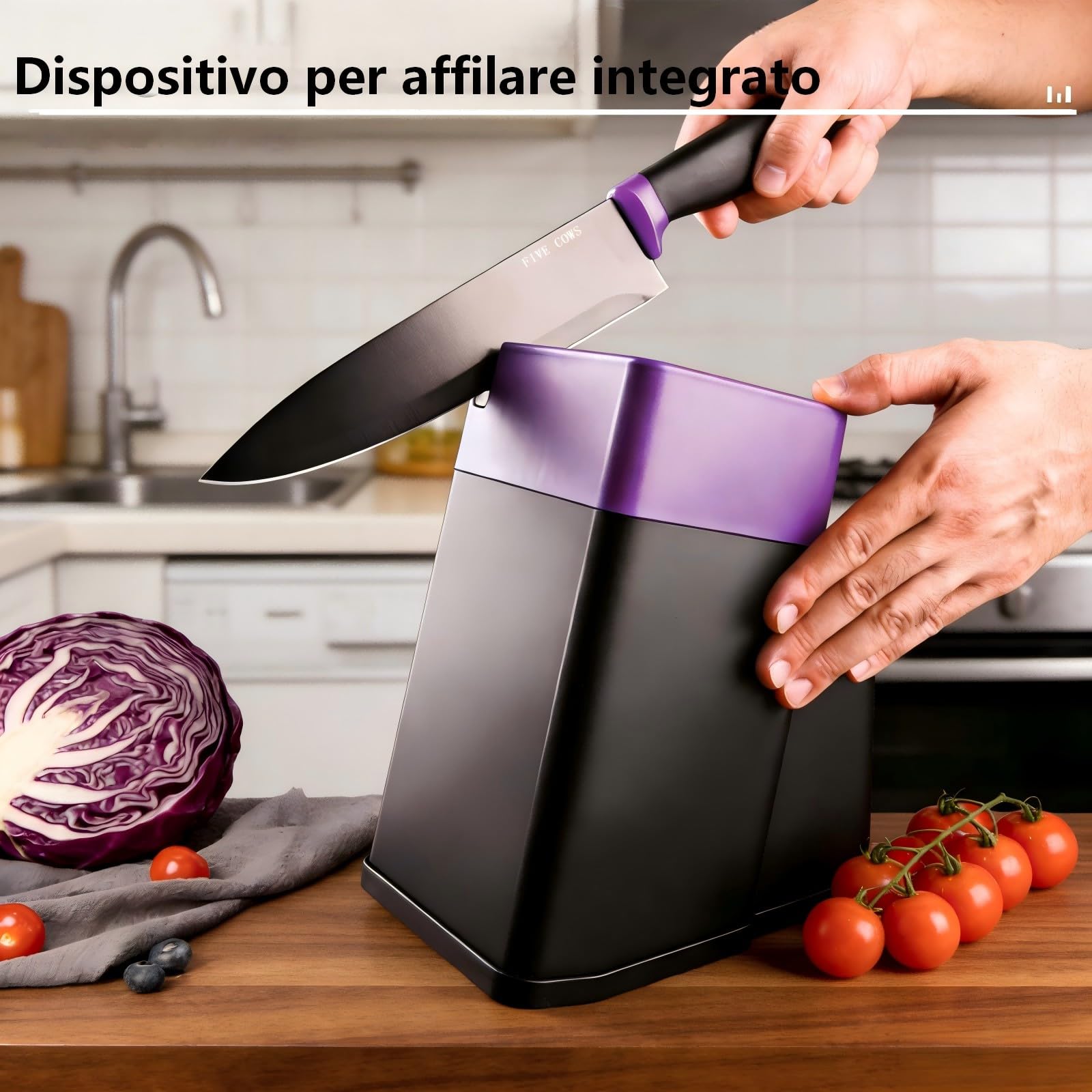Set Coltelli da Cucina, 14 Pezzi, Set Coltelli da Cucina in Acciaio Inossidabile, con Fessure per Forbici e Asta, Design Moderno per Casa e Ristorante (Viola)