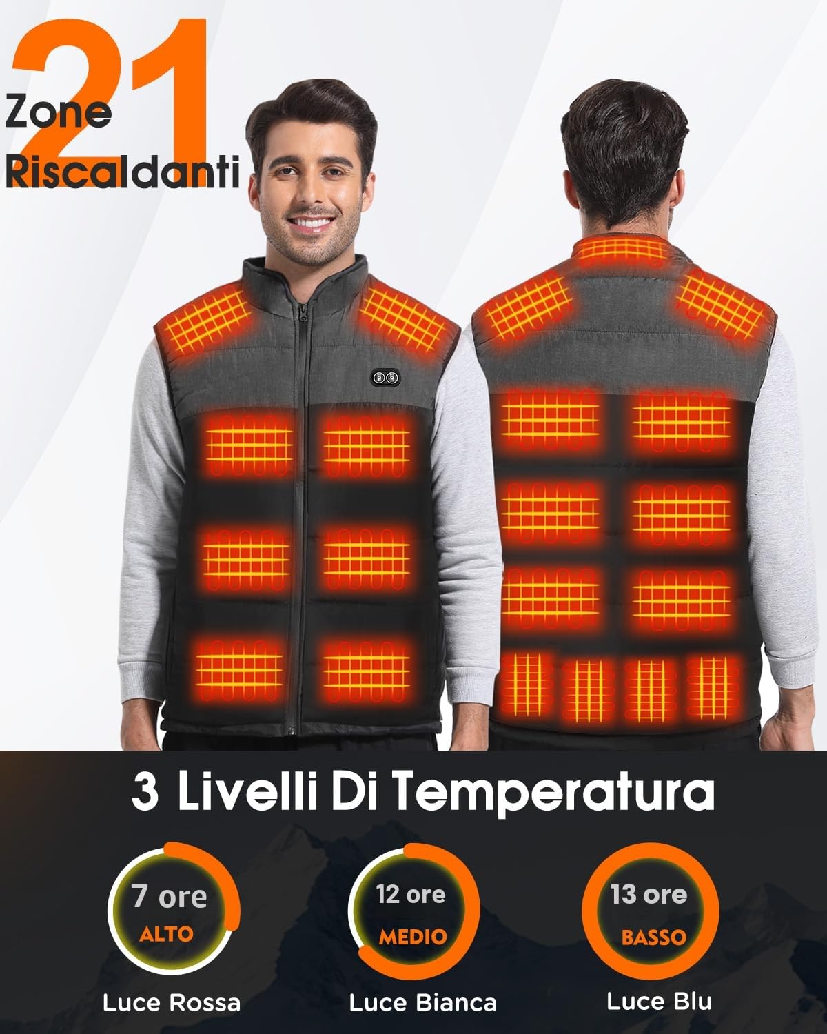 Gilet Riscaldato Uomo, Giubbotto Riscaldato Uomo 20000mAh con 21 Zone di Calore, Gilet Riscaldato Donna 3 Livelli Regolabili, Gilet Elettrico Riscaldante per Sci, Escursionismo e Moto all’Aperto