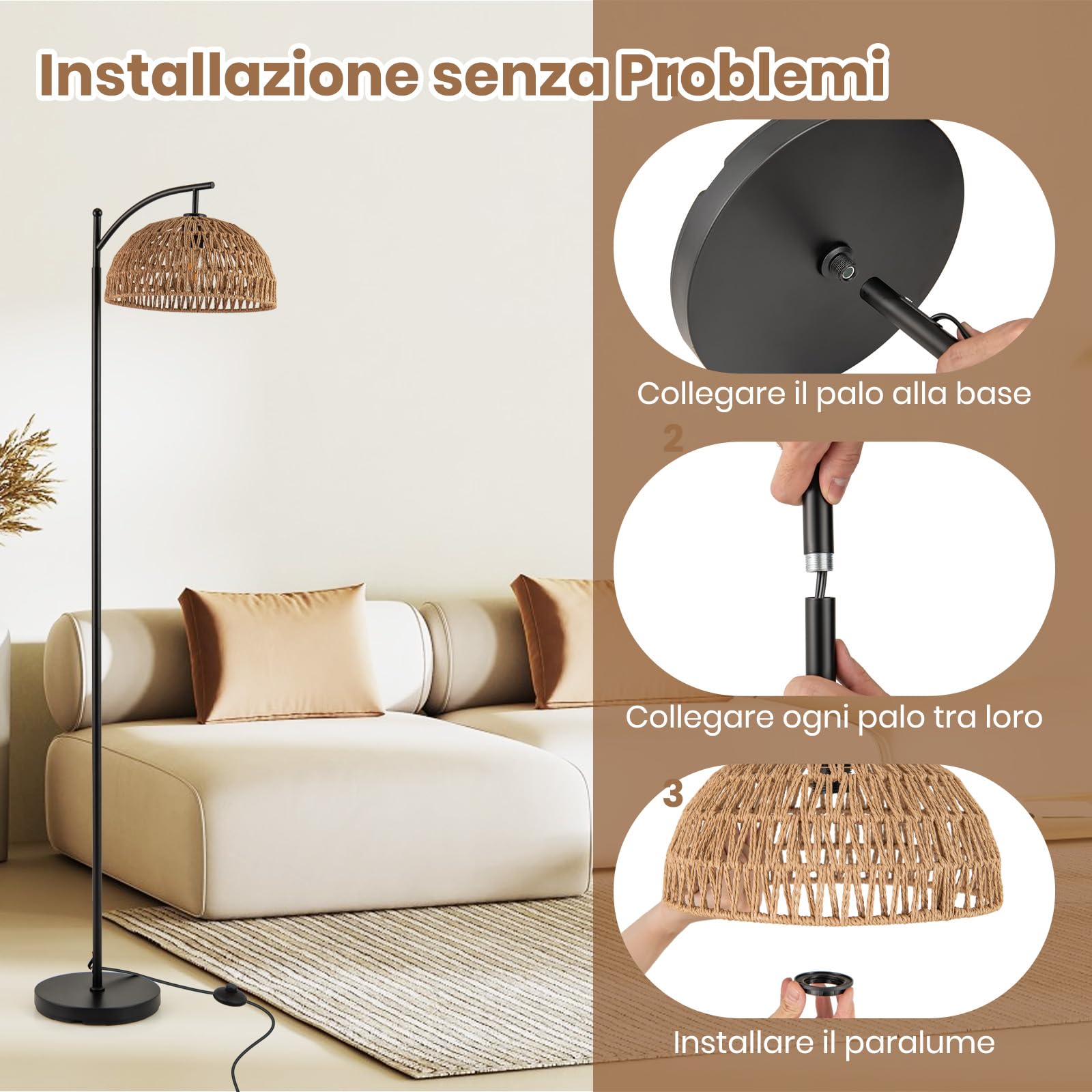 RELAX4LIFE Lampada da Terra per Soggiorno, Lampada Moderna con Paralume a Sospensione, Interruttore a Pedale, per Camera da Letto e Ufficio