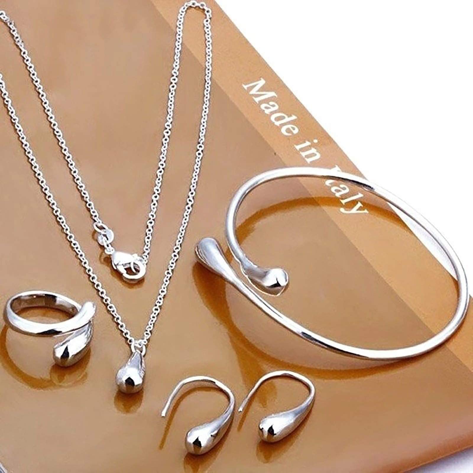Prevently 4pcs Silver Fashion Waterdrop Ring Earrings Necklace Bracelet Jewelry Set Valentine's Day Wedding Birthday Party Gifts Women Jewelry For Girlfriend Women Wife (White)