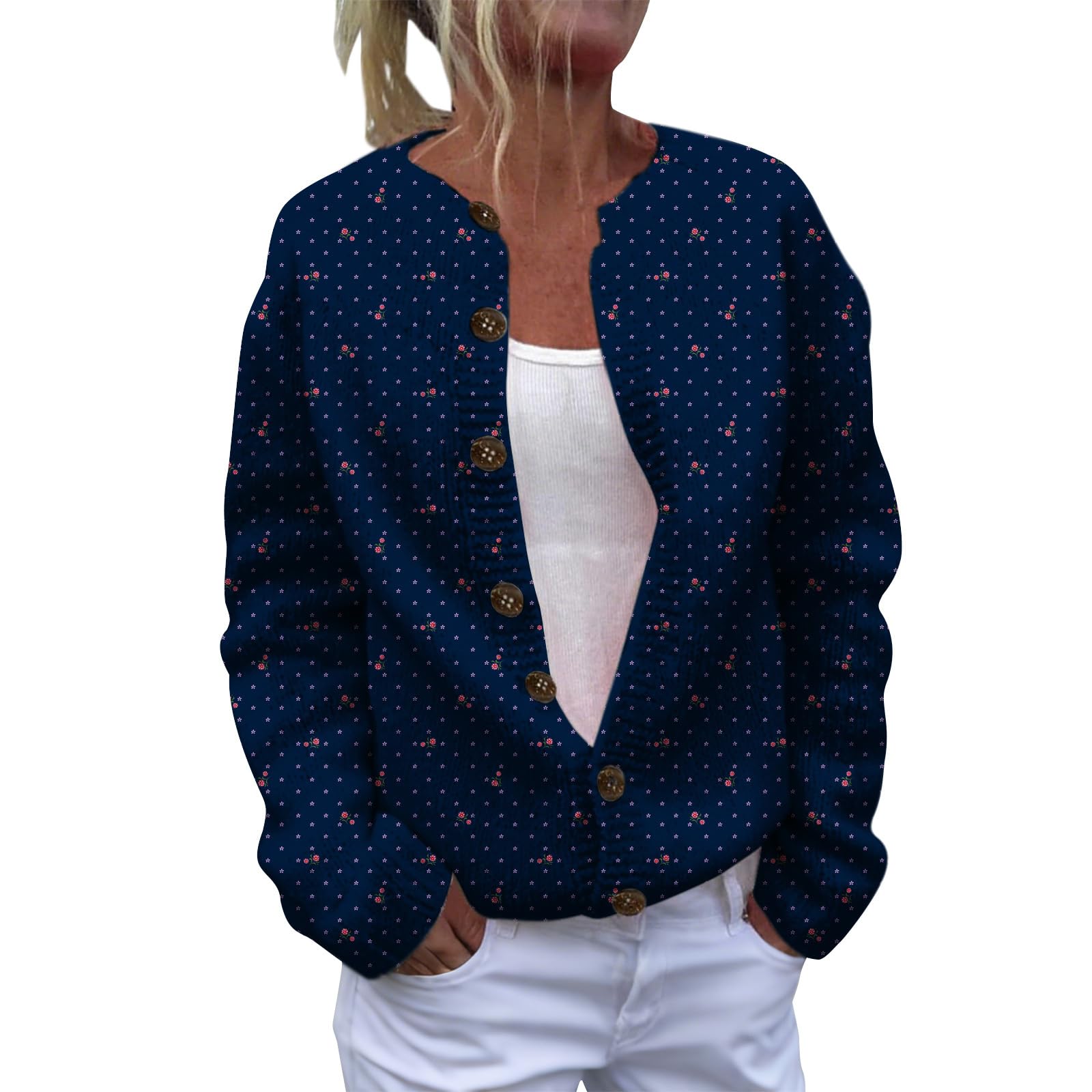 Boho Floral Print Sweaters for Women Open Front Cardigan Long Sleeve Chunky Knit Sweater Button Up Fall Trendy