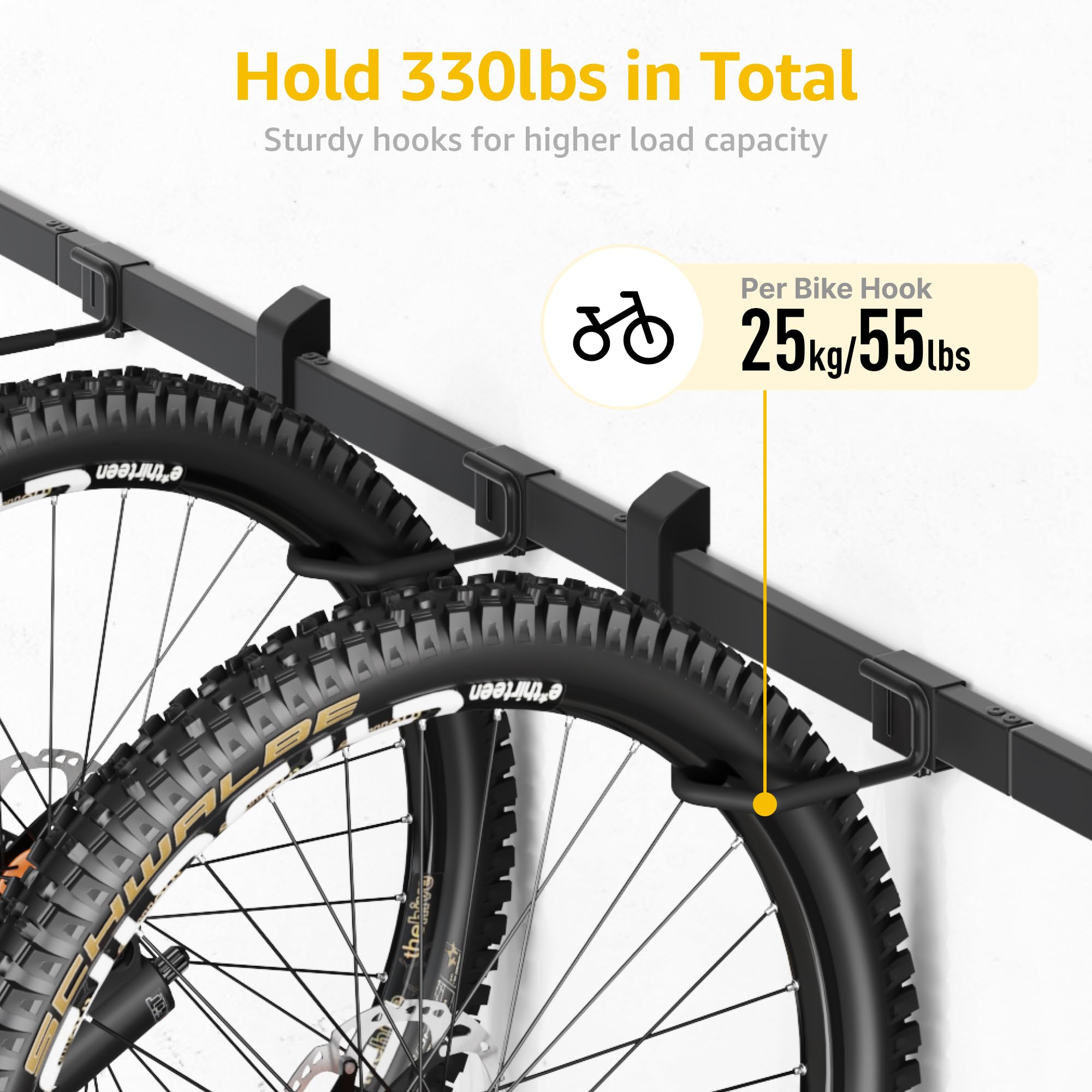 monTEK Enhanced Garage Bike Rack, Adjustable 6 Bike Hangers for Garage, Equipped with 78.5in Extended Rail to Accommodate Various Bicycle Sizes, Heavy-Duty Steel Bike Wall Mount, Max Capacity 330 lbs