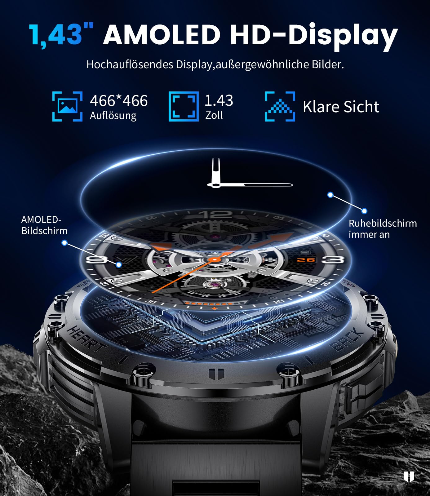 Militär Smartwatch Herren mit LED-Licht/530 mAh Batterie,1,43" AMOLED Smartwatch Fitnessuhr mit 120 Sportmodi/Herzfrequenzmonitor/Schlaf/SpO2,IP68 Wasserdicht Schrittzähler für Android iOS,3 Armbänder