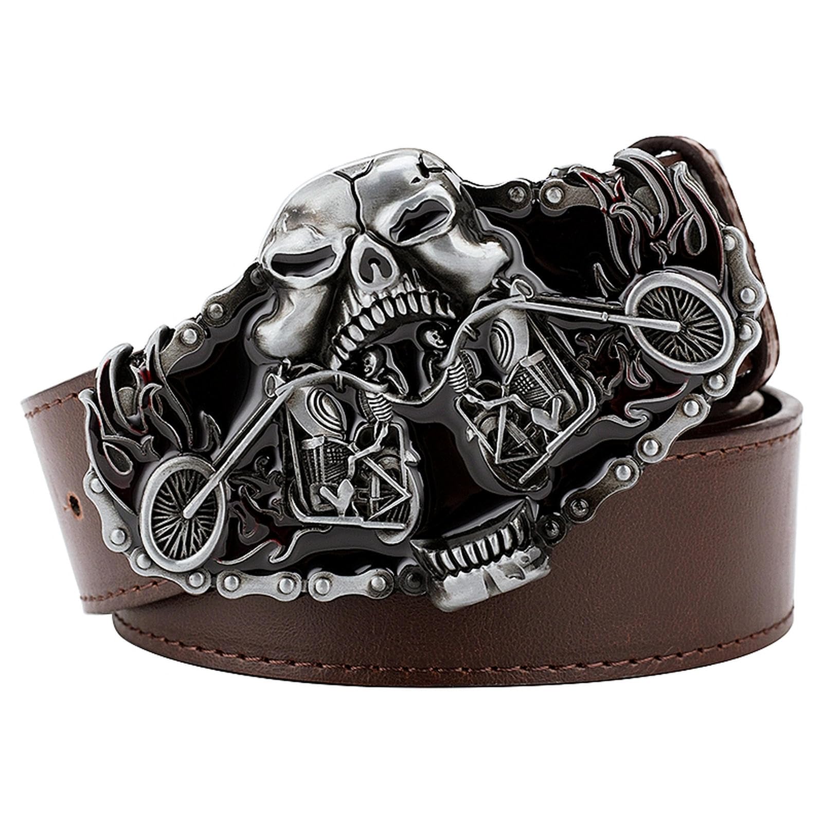 VOIV Crâne Heavy Moto Casual Hommes Ceinture En Cuir Flamme Moto Cruiser Rider Style Métal