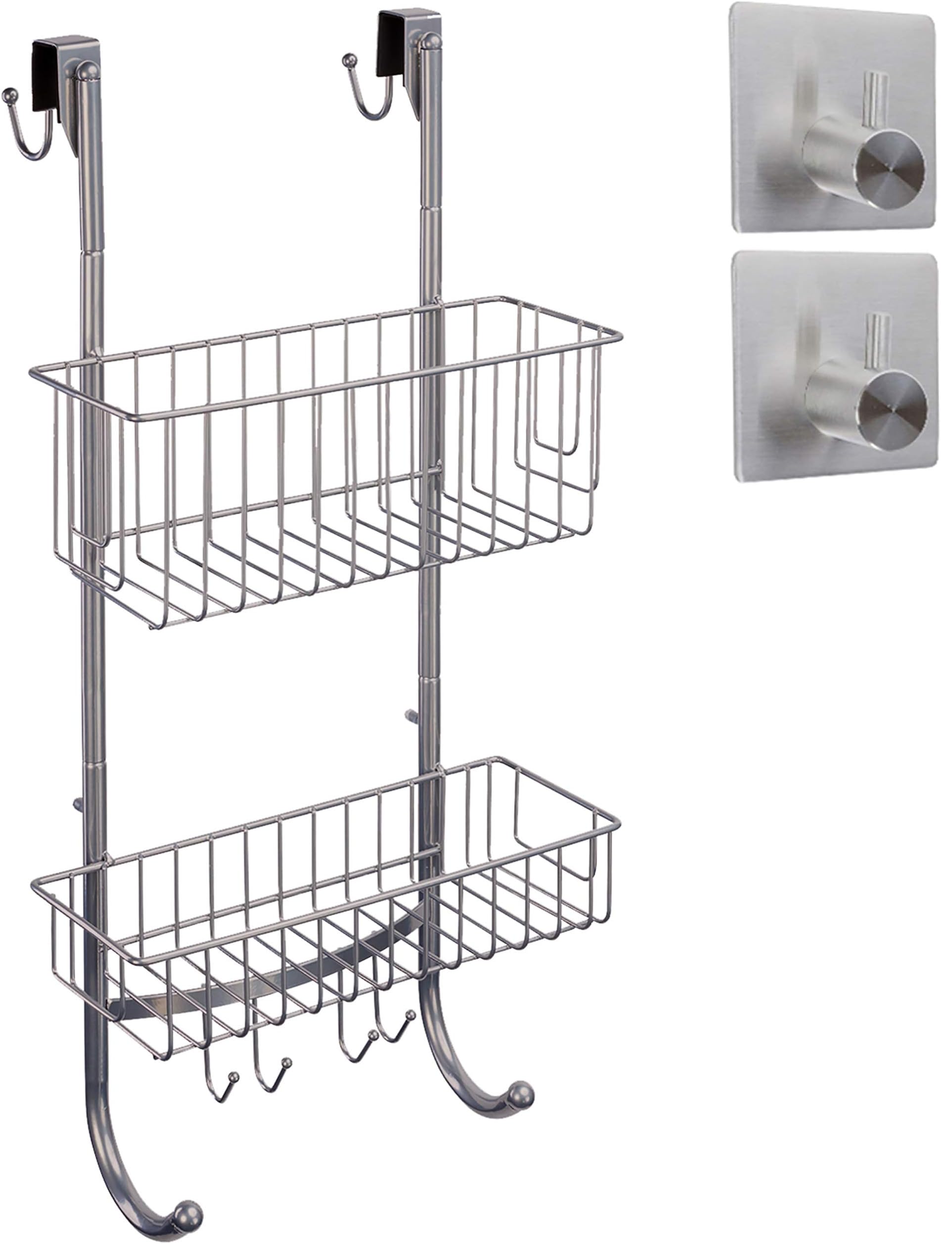 Hanging Shelf for Bathroom In Grey/Chrome Look|2X Hanging Basket|59.3 X 30 X 11 cm|stainless Steel (Powder Coated)|Shower Shelf Without Drilling|Extra: 2X Stainless Steel Adhesive Hooks
